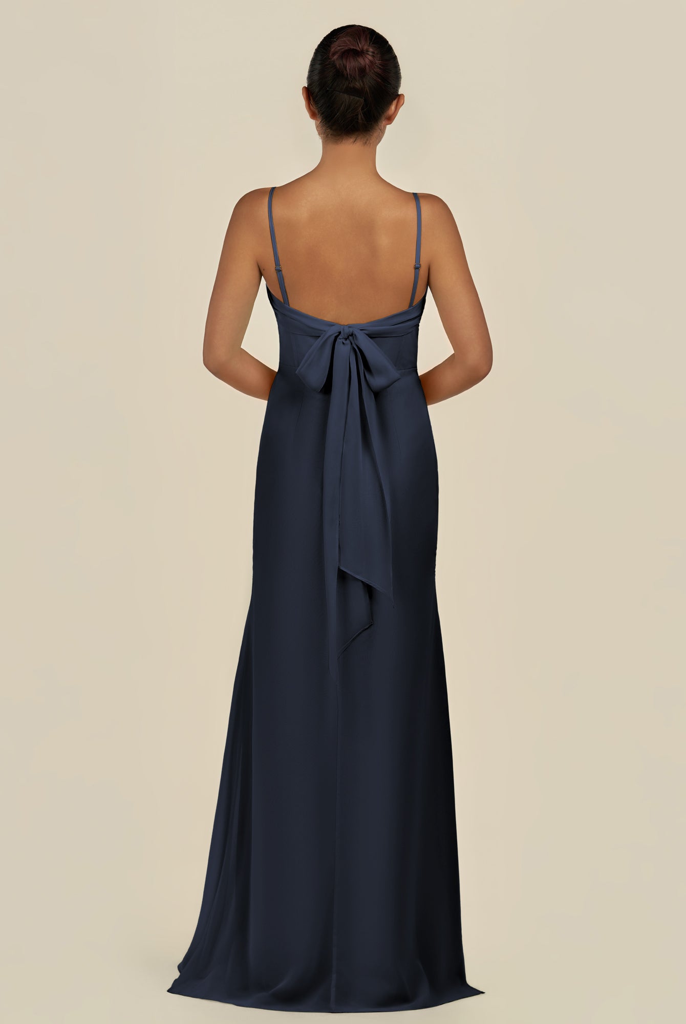KissDress-Lumira Dark Navy Sheath Spaghetti Straps Chiffon Ruched Long Bridesmaid Dress