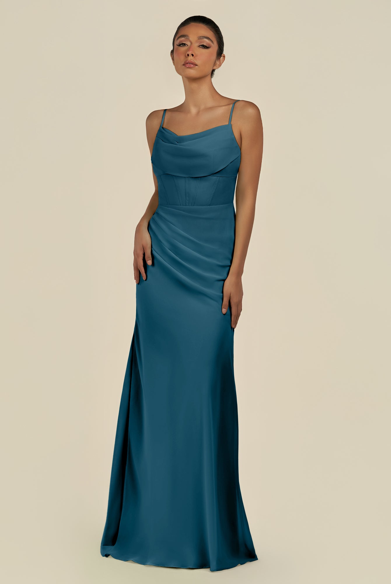 KissDress-Lumira Dark Teal Sheath Spaghetti Straps Chiffon Ruched Long Bridesmaid Dress