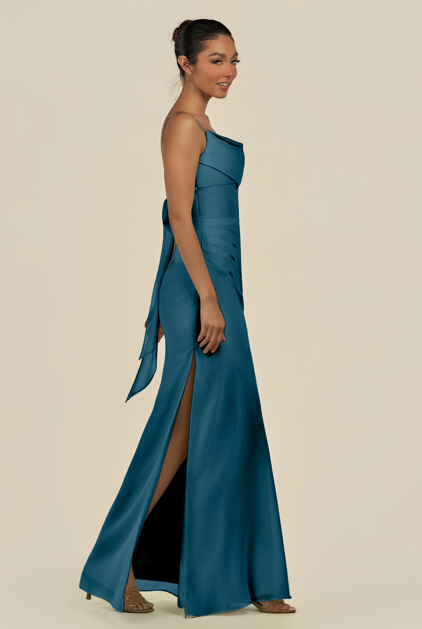 KissDress-Lumira Dark Teal Sheath Spaghetti Straps Chiffon Ruched Long Bridesmaid Dress