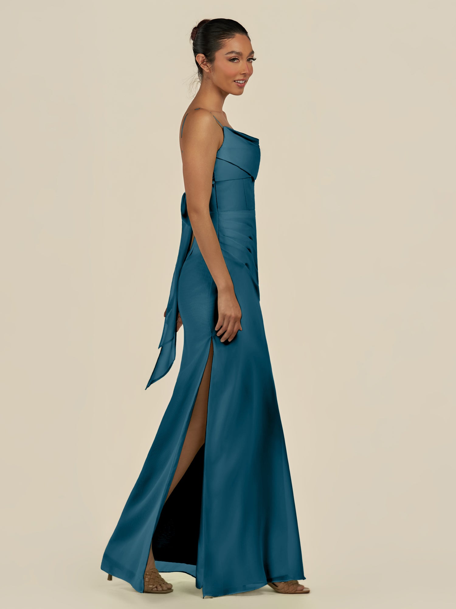 KissDress-Lumira Dark Teal Sheath Spaghetti Straps Chiffon Ruched Long Bridesmaid Dress