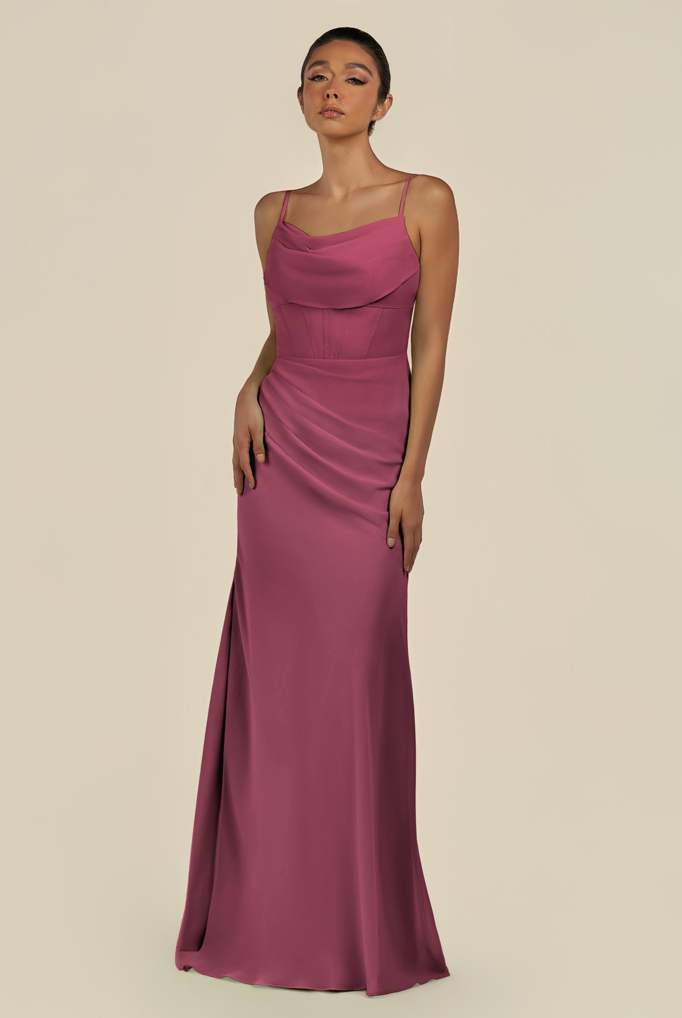 KissDress-Lumira Desert Rose Sheath Spaghetti Straps Chiffon Ruched Long Bridesmaid Dress