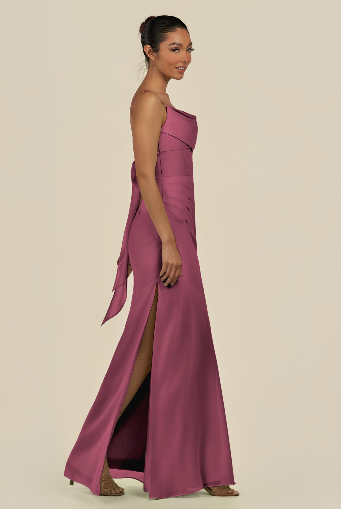 KissDress-Lumira Desert Rose Sheath Spaghetti Straps Chiffon Ruched Long Bridesmaid Dress