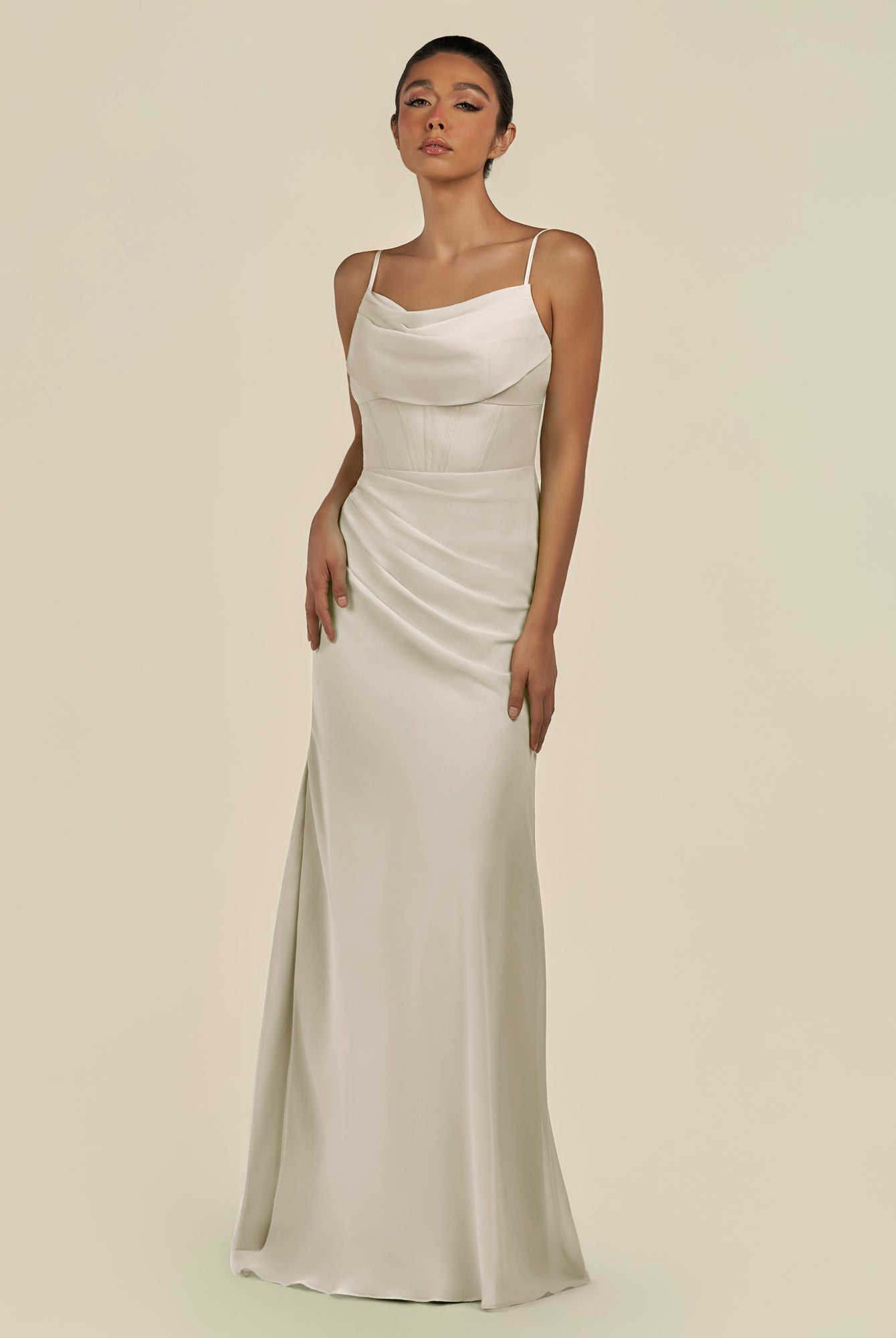 KissDress-Lumira Dove Gray Sheath Spaghetti Straps Chiffon Ruched Long Bridesmaid Dress