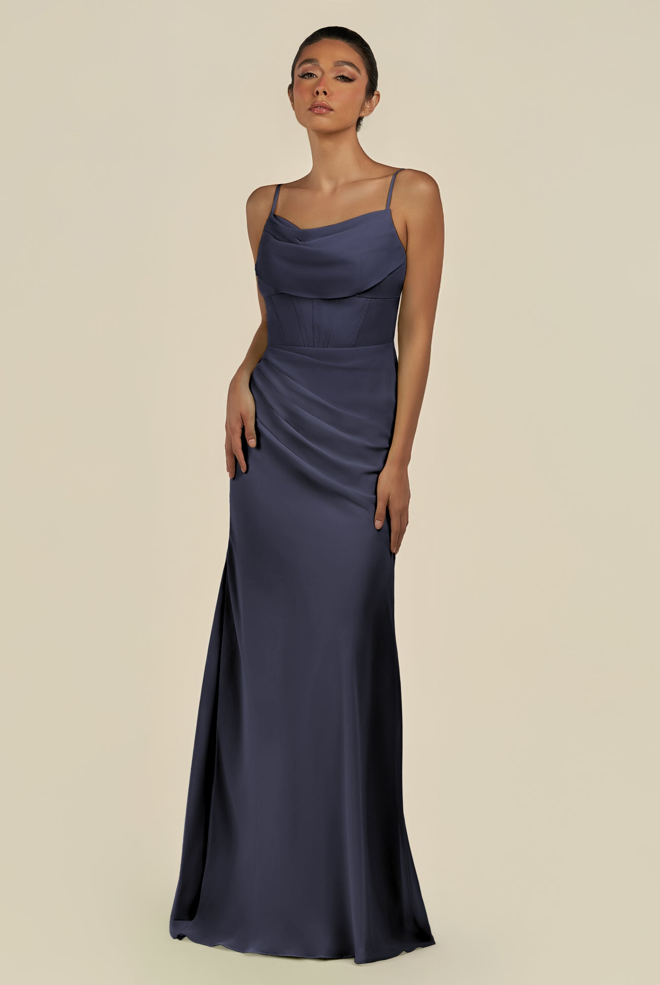 KissDress-Lumira Dusk Blue Sheath Spaghetti Straps Chiffon Ruched Long Bridesmaid Dress