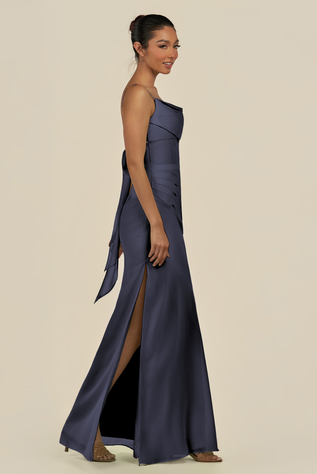 KissDress-Lumira Dusk Blue Sheath Spaghetti Straps Chiffon Ruched Long Bridesmaid Dress