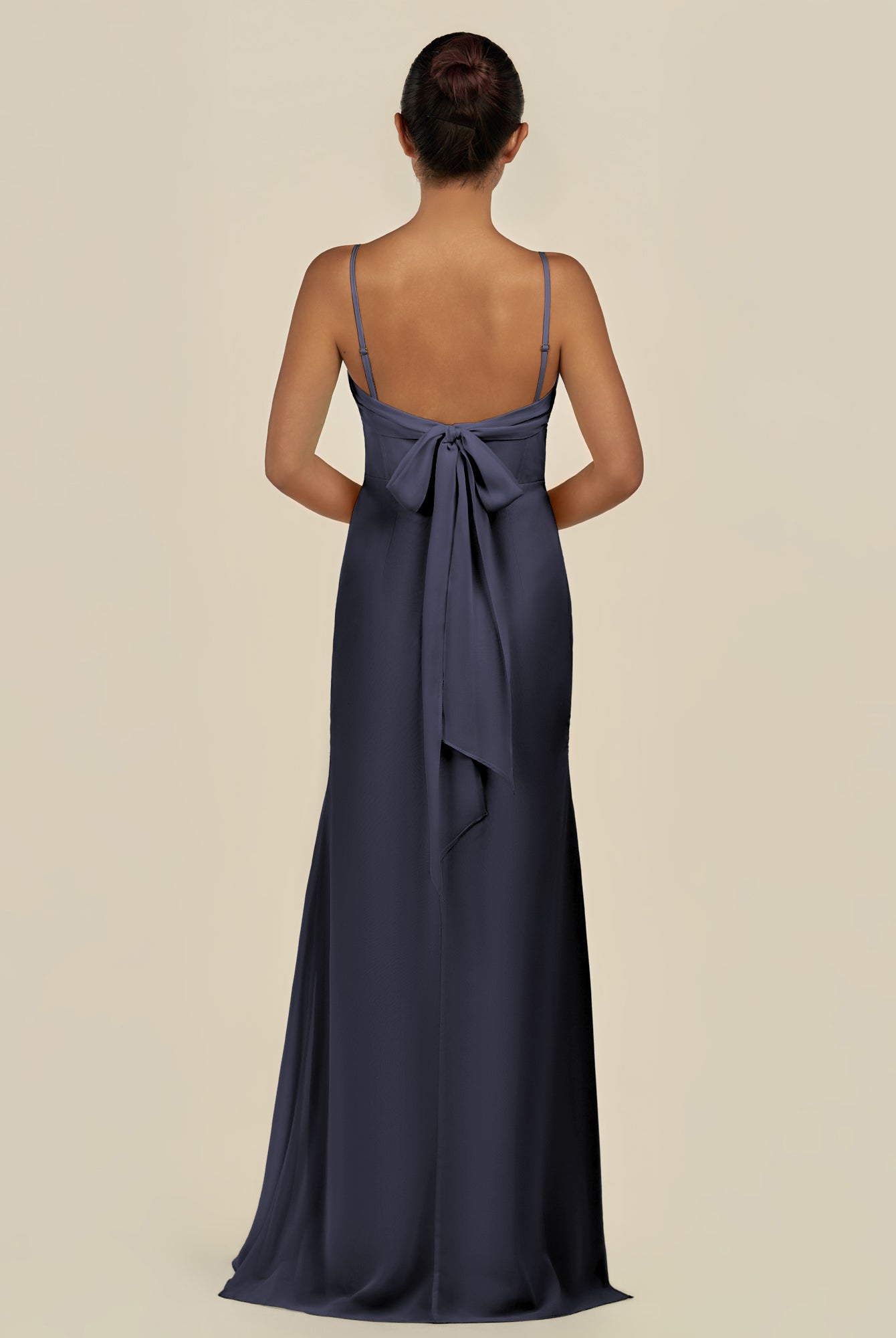 KissDress-Lumira Dusk Blue Sheath Spaghetti Straps Chiffon Ruched Long Bridesmaid Dress