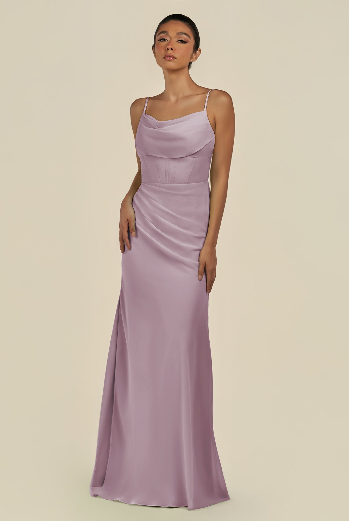 KissDress-Lumira Dusk Sheath Spaghetti Straps Chiffon Ruched Long Bridesmaid Dress
