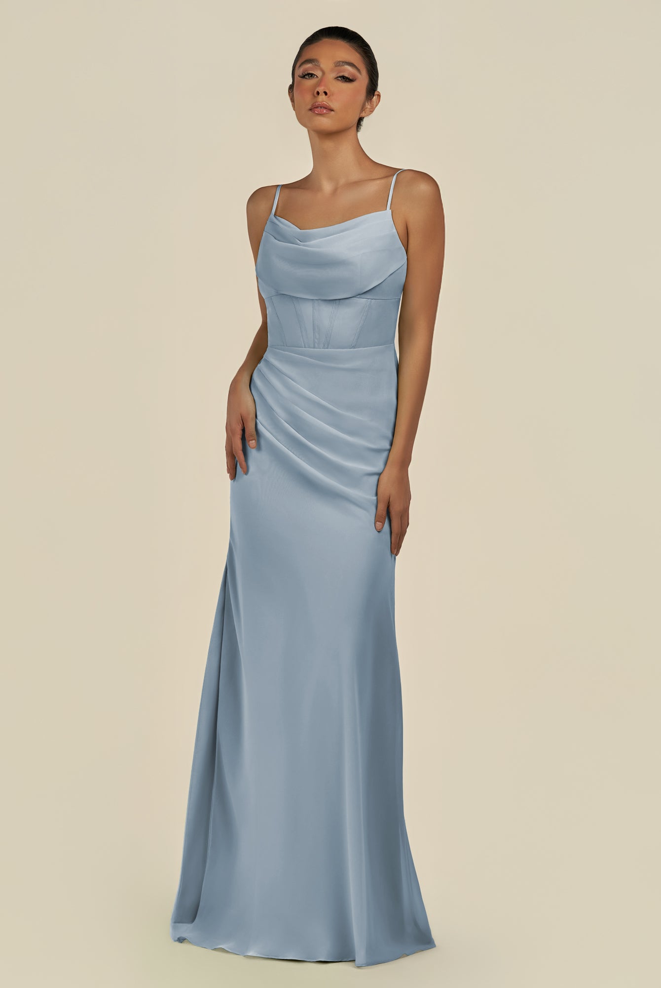 KissDress-Lumira Dusty Blue Sheath Spaghetti Straps Chiffon Ruched Long Bridesmaid Dress
