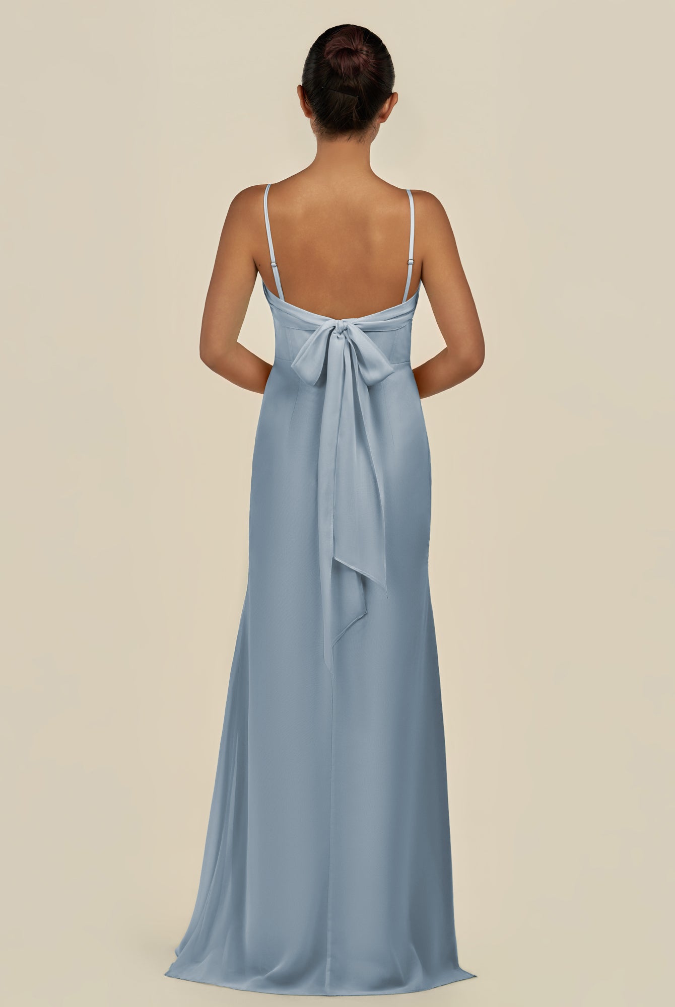 KissDress-Lumira Dusty Blue Sheath Spaghetti Straps Chiffon Ruched Long Bridesmaid Dress