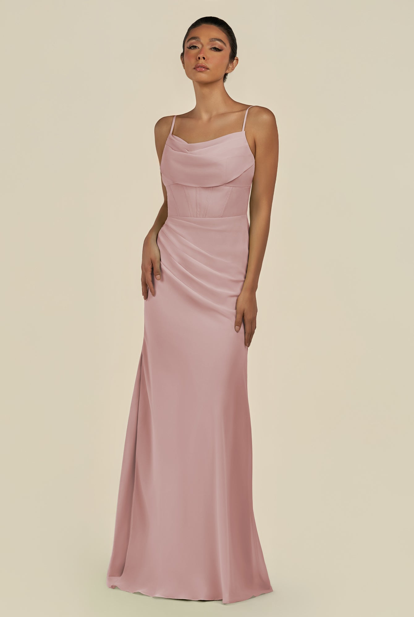 KissDress-Lumira Dusty Rose Sheath Spaghetti Straps Chiffon Ruched Long Bridesmaid Dress