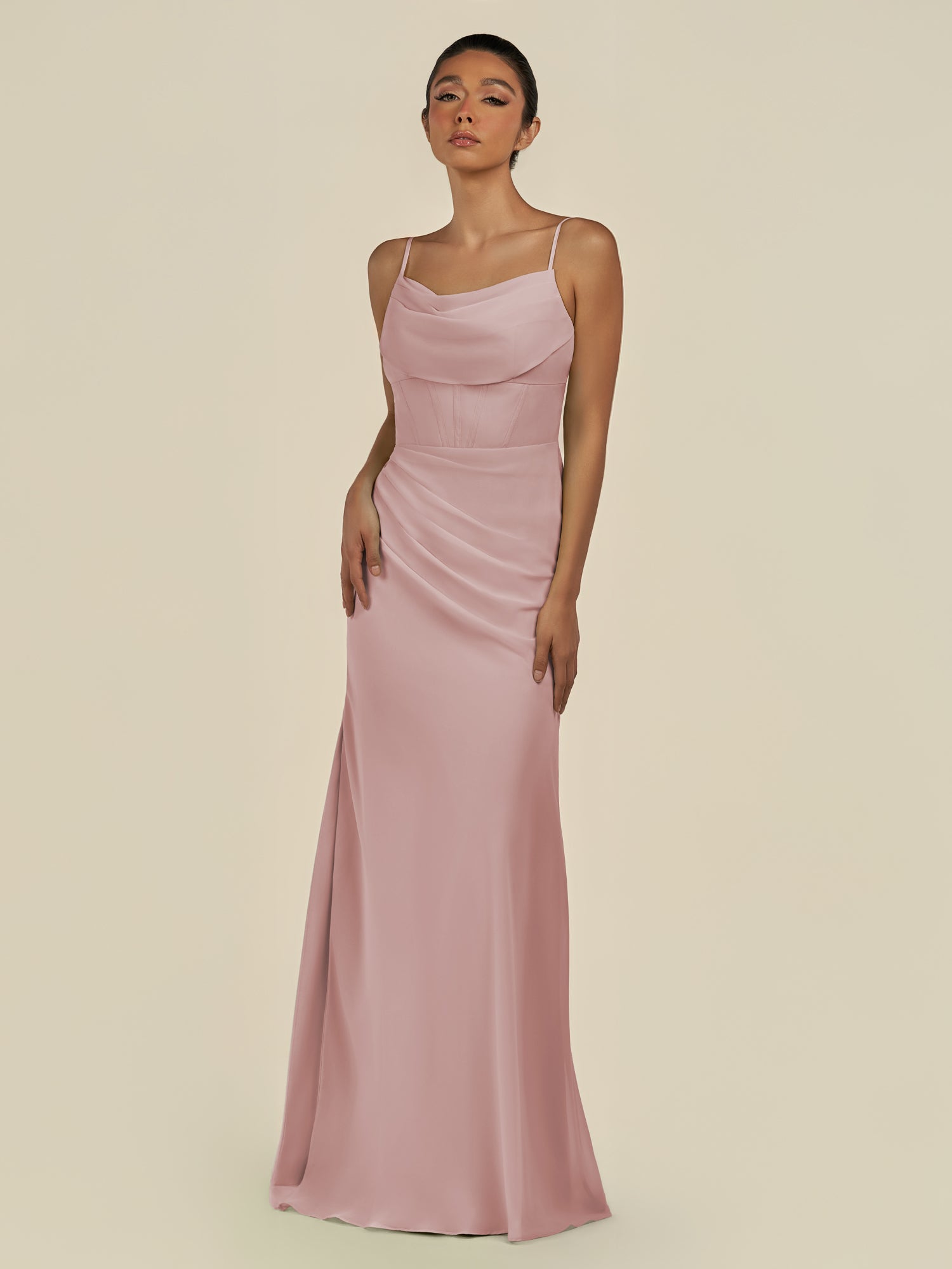 KissDress-Lumira Dusty Rose Sheath Spaghetti Straps Chiffon Ruched Long Bridesmaid Dress