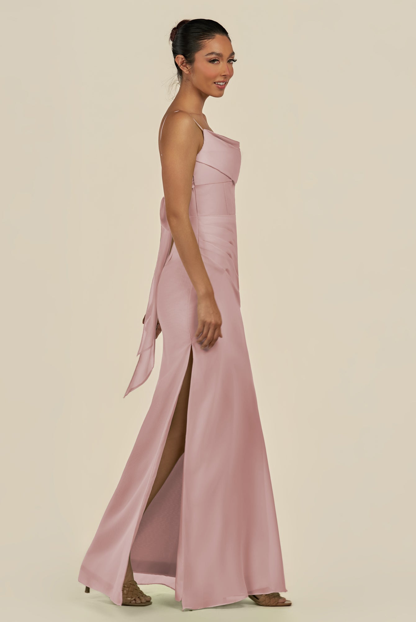 KissDress-Lumira Dusty Rose Sheath Spaghetti Straps Chiffon Ruched Long Bridesmaid Dress
