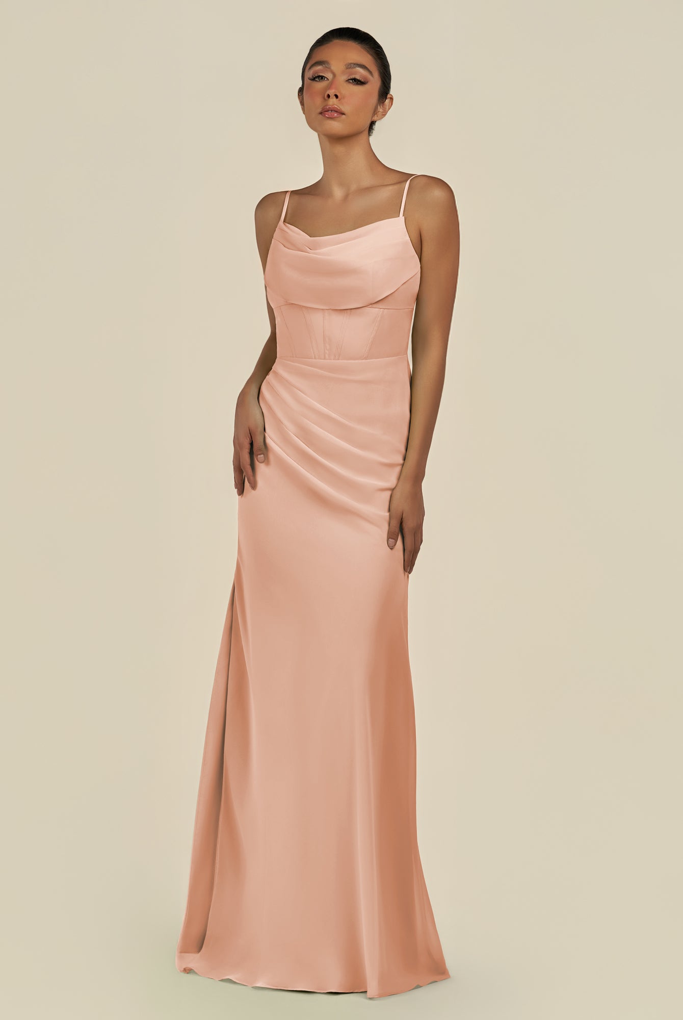 KissDress-Lumira English Rose Sheath Spaghetti Straps Chiffon Ruched Long Bridesmaid Dress