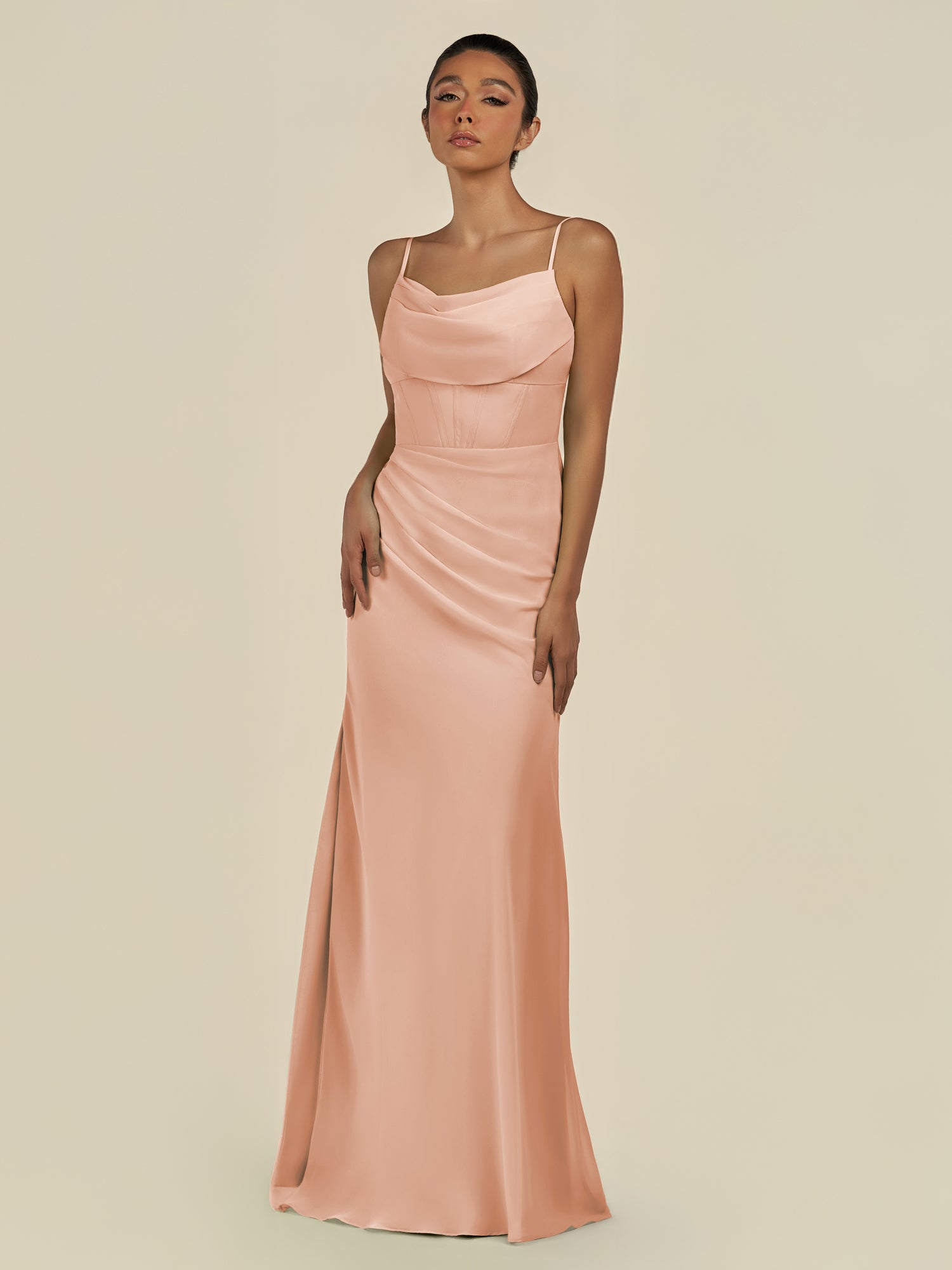 KissDress-Lumira English Rose Sheath Spaghetti Straps Chiffon Ruched Long Bridesmaid Dress