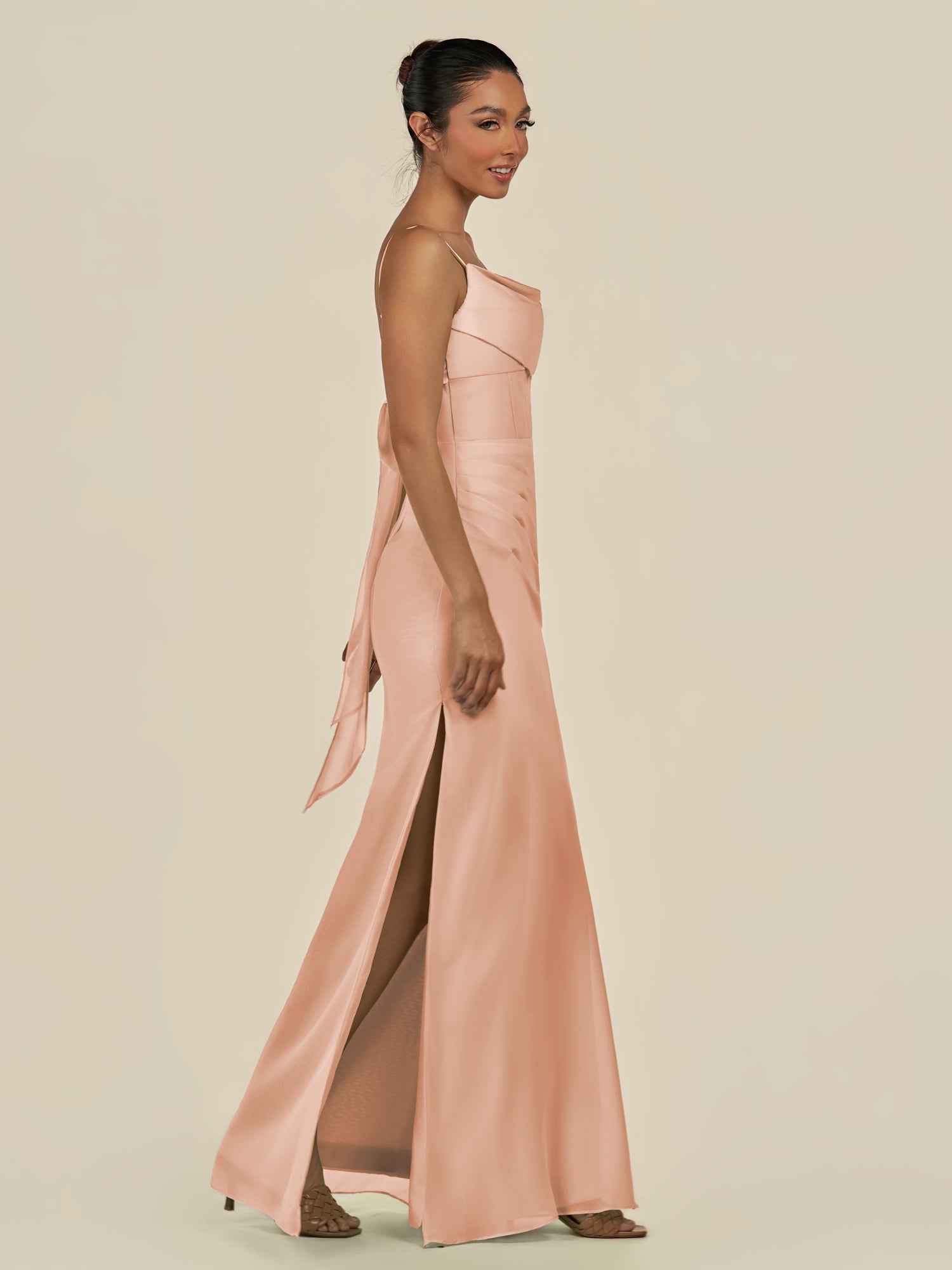KissDress-Lumira English Rose Sheath Spaghetti Straps Chiffon Ruched Long Bridesmaid Dress
