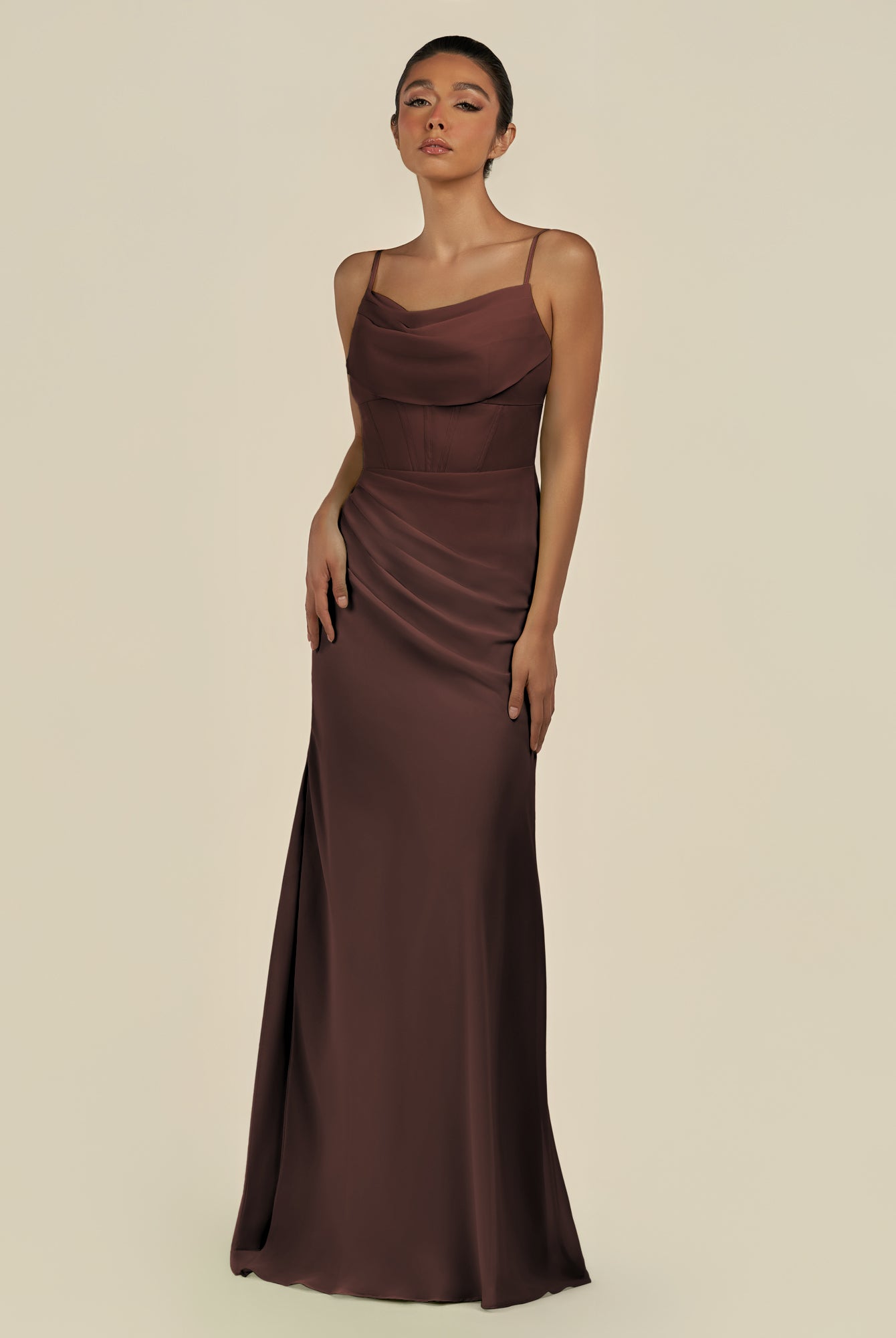 KissDress-Lumira Espresso Sheath Spaghetti Straps Chiffon Ruched Long Bridesmaid Dress