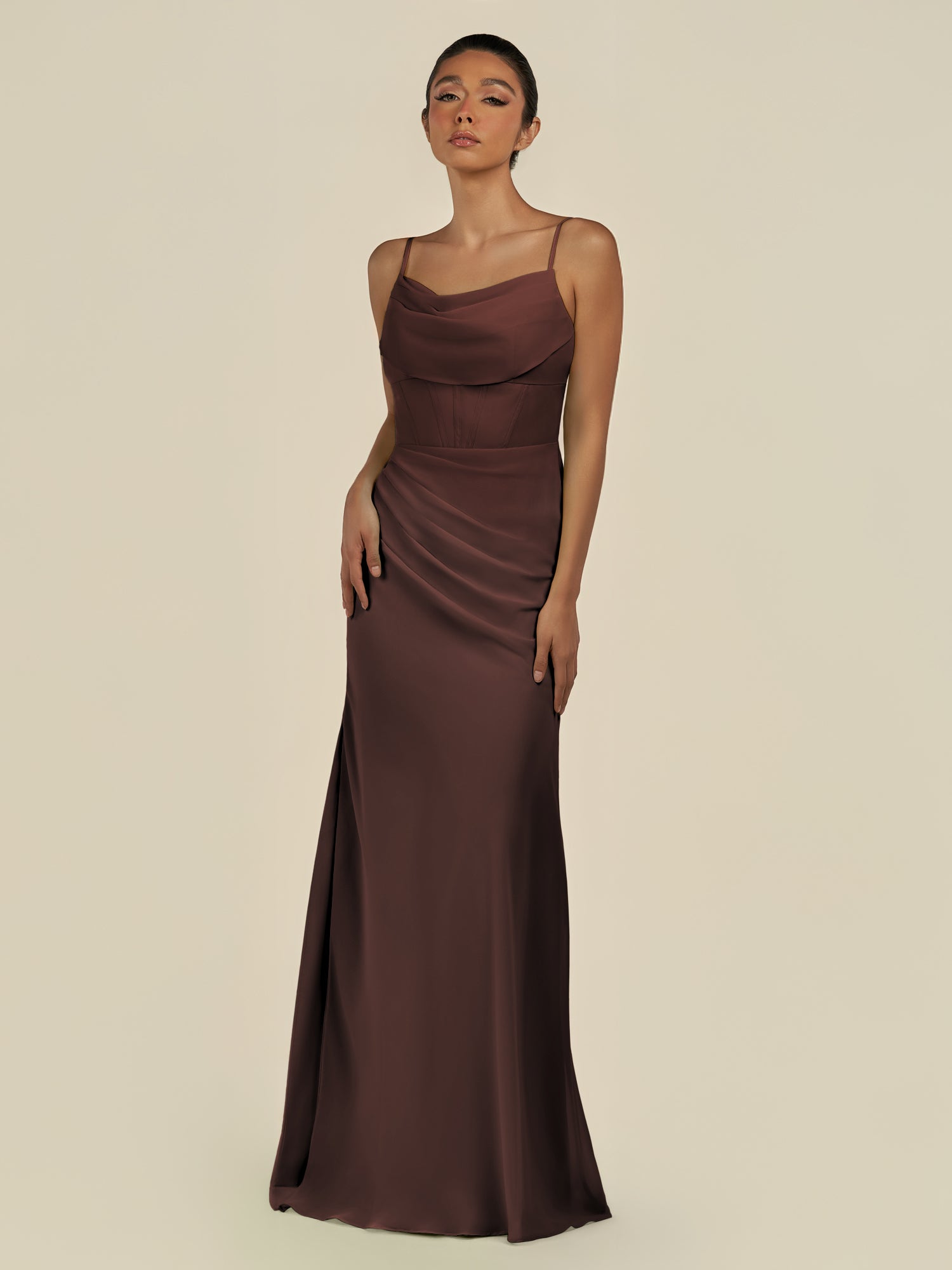 KissDress-Lumira Espresso Sheath Spaghetti Straps Chiffon Ruched Long Bridesmaid Dress