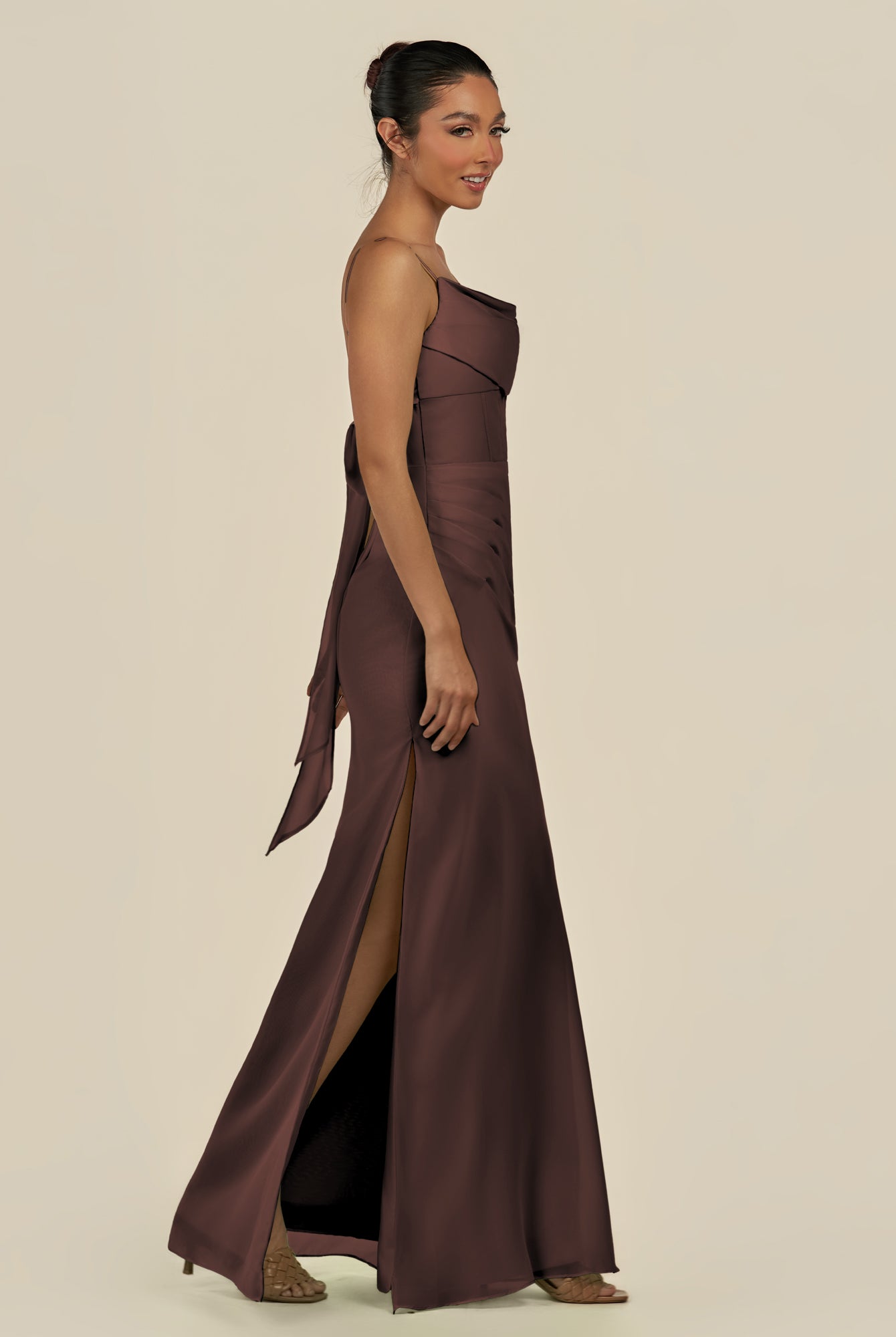 KissDress-Lumira Espresso Sheath Spaghetti Straps Chiffon Ruched Long Bridesmaid Dress