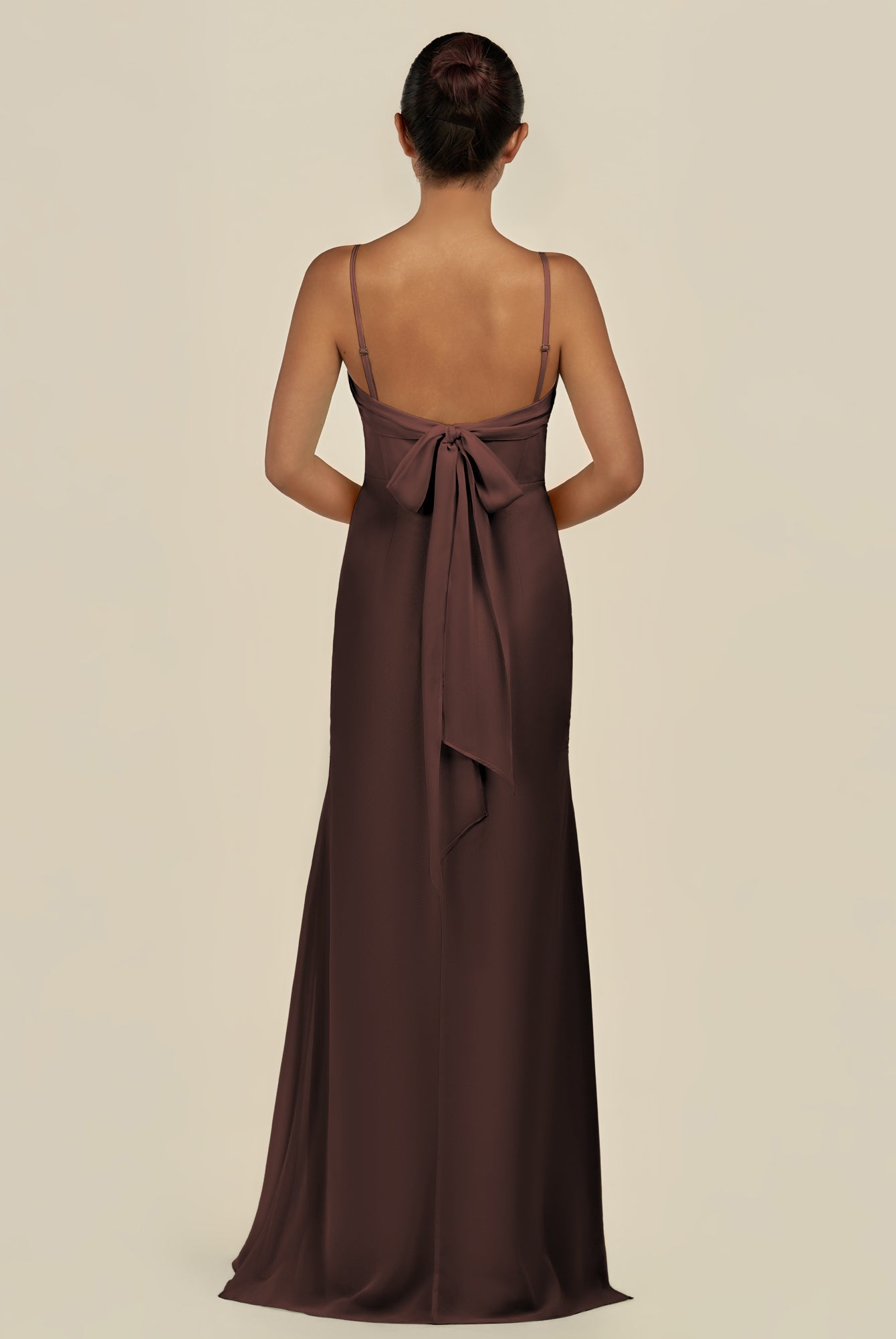 KissDress-Lumira Espresso Sheath Spaghetti Straps Chiffon Ruched Long Bridesmaid Dress