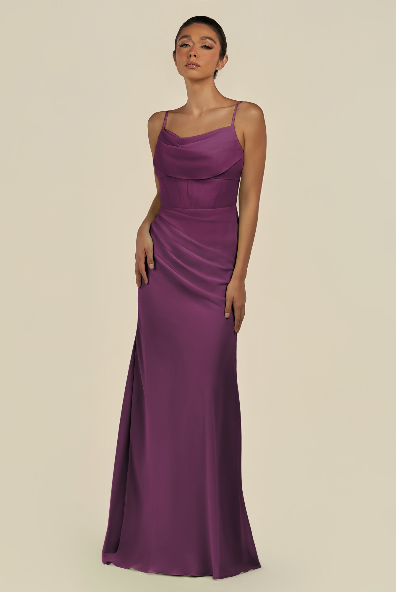 KissDress-Lumira Fig Sheath Spaghetti Straps Chiffon Ruched Long Bridesmaid Dress
