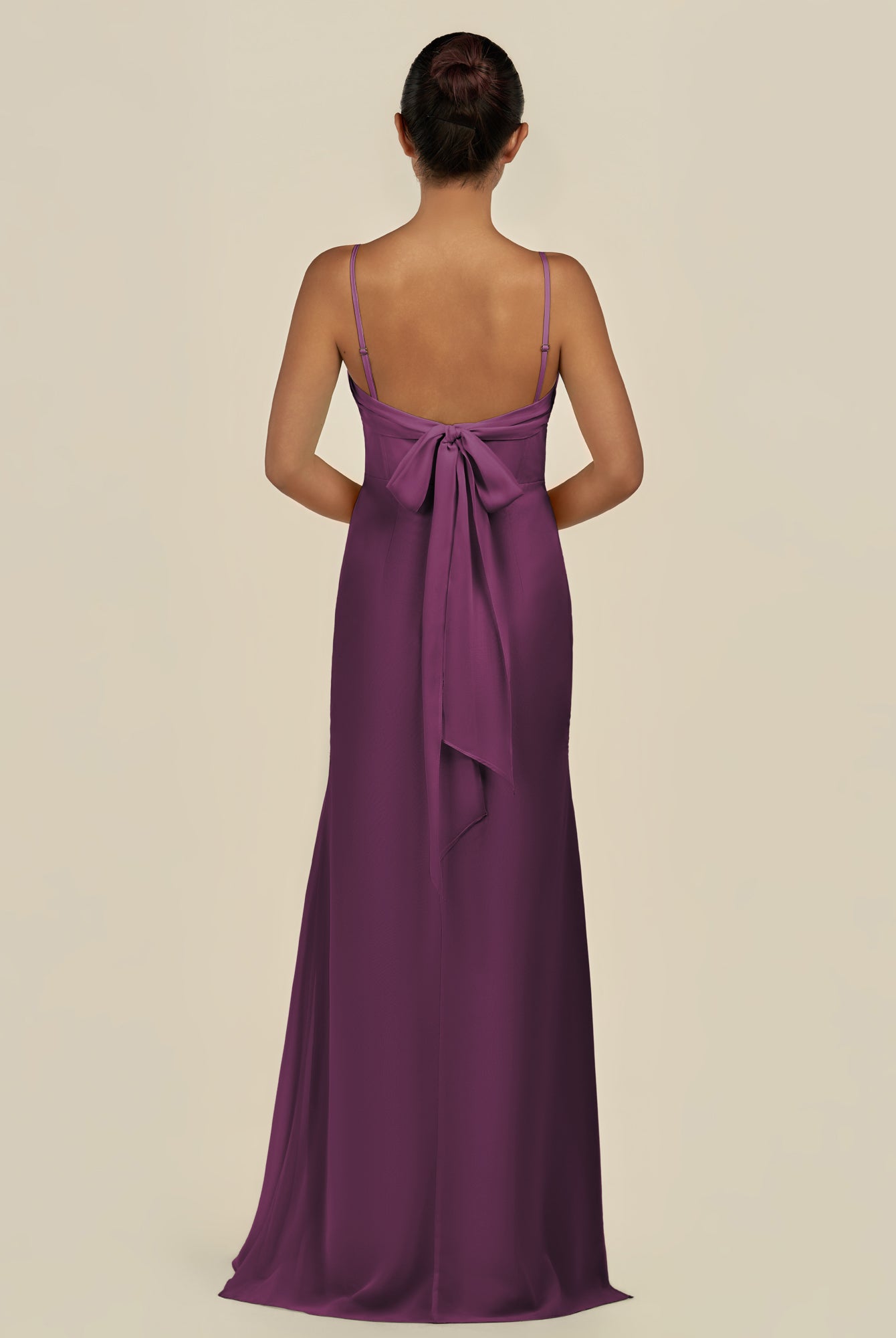 KissDress-Lumira Fig Sheath Spaghetti Straps Chiffon Ruched Long Bridesmaid Dress