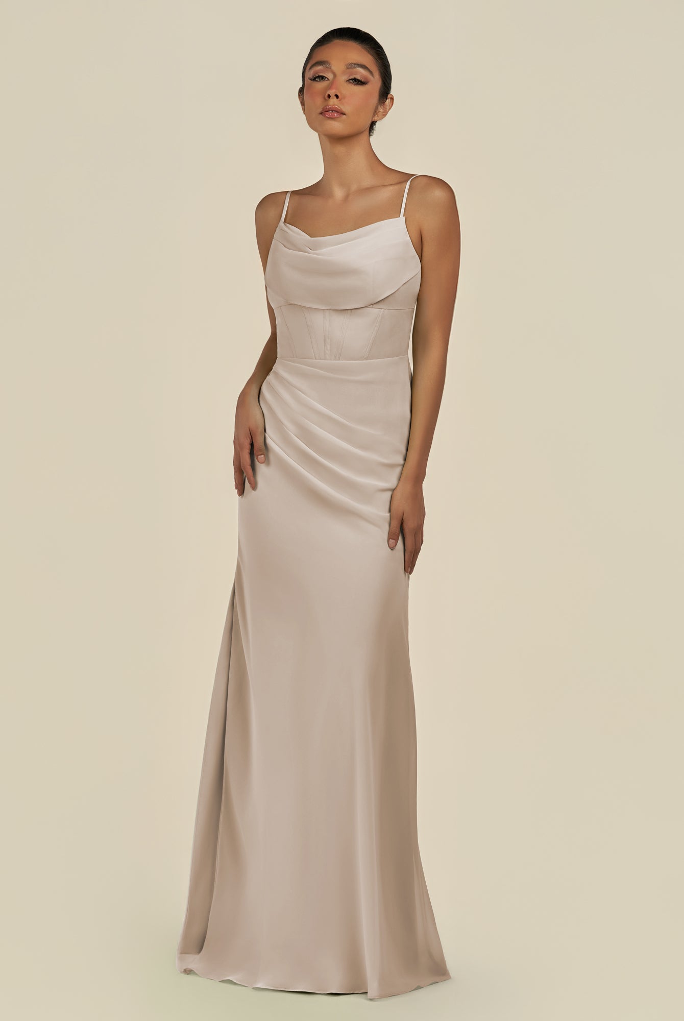 KissDress-Lumira Frost Sheath Spaghetti Straps Chiffon Ruched Long Bridesmaid Dress