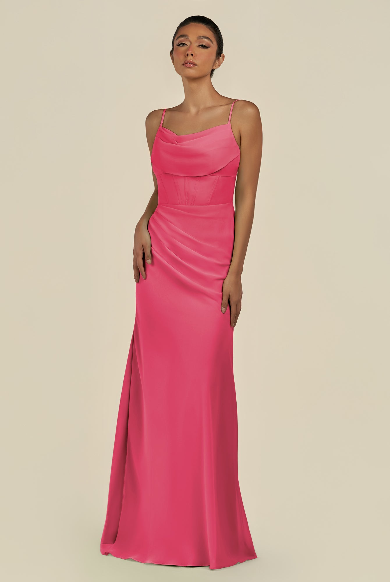 KissDress-Lumira Fuchsia Sheath Spaghetti Straps Chiffon Ruched Long Bridesmaid Dress