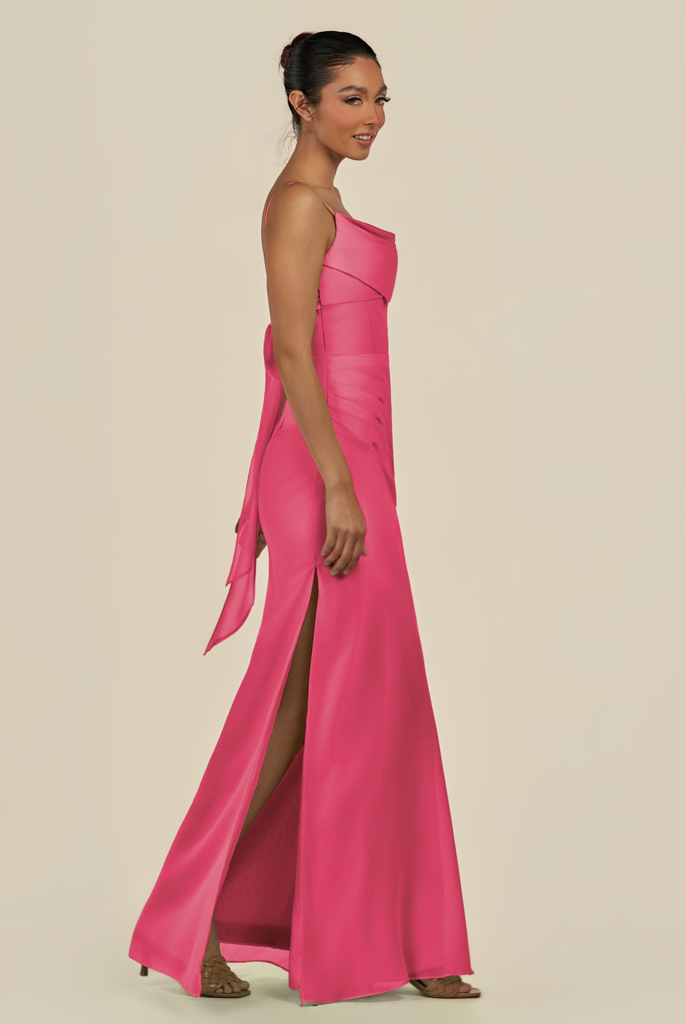 KissDress-Lumira Fuchsia Sheath Spaghetti Straps Chiffon Ruched Long Bridesmaid Dress
