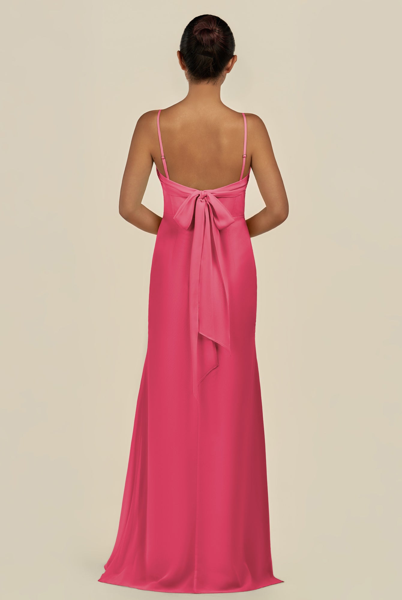 KissDress-Lumira Fuchsia Sheath Spaghetti Straps Chiffon Ruched Long Bridesmaid Dress