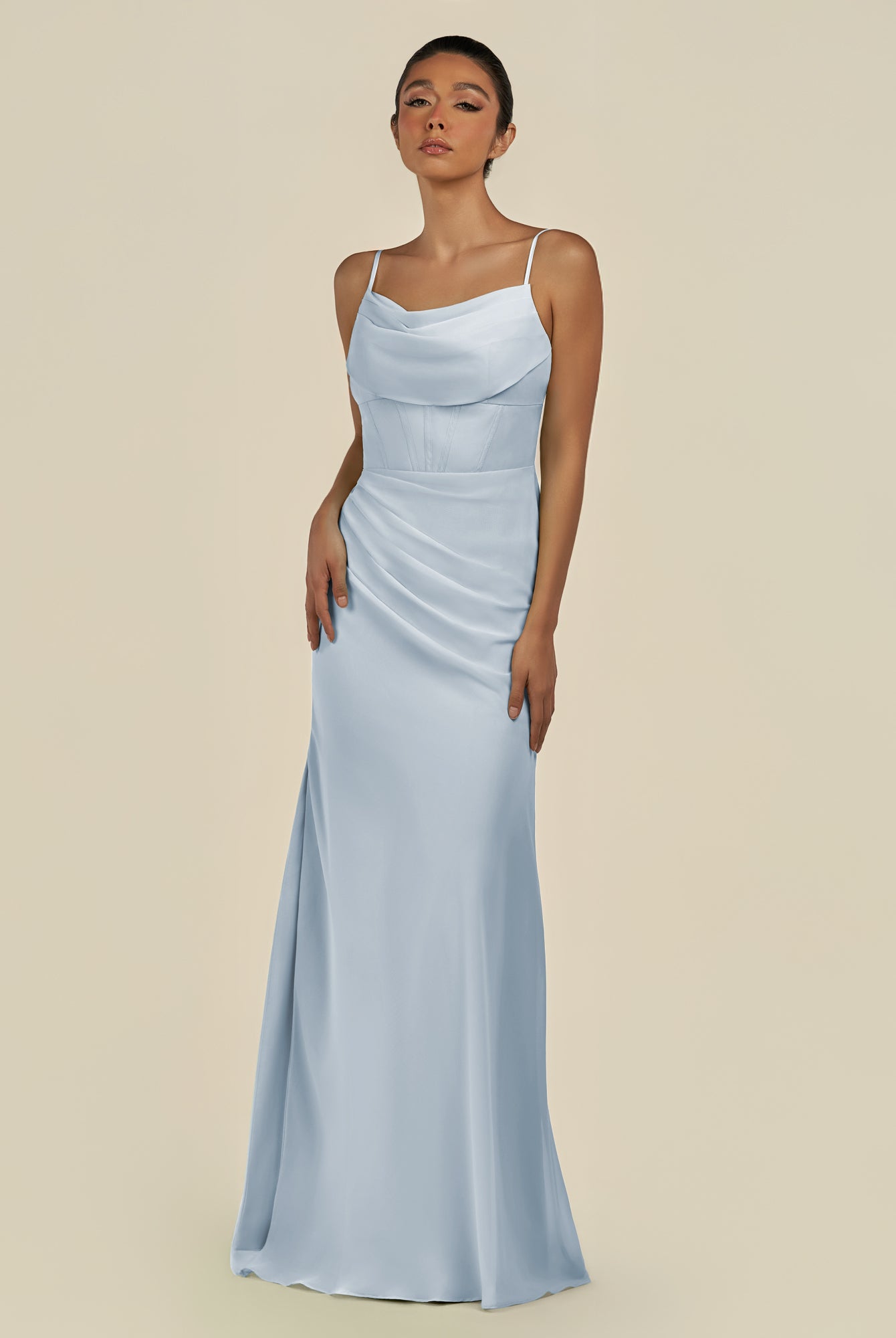 KissDress-Lumira Ice Sheath Spaghetti Straps Chiffon Ruched Long Bridesmaid Dress