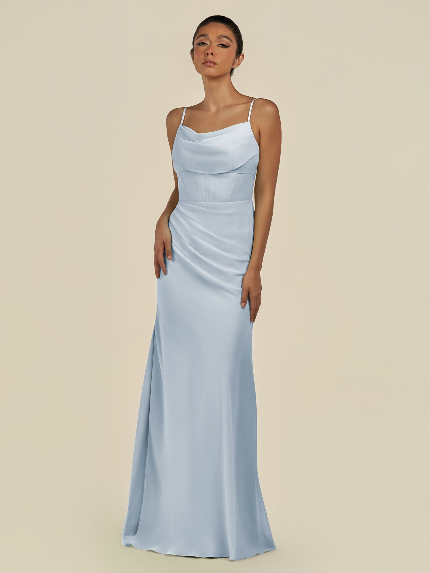 KissDress-Lumira Ice Sheath Spaghetti Straps Chiffon Ruched Long Bridesmaid Dress