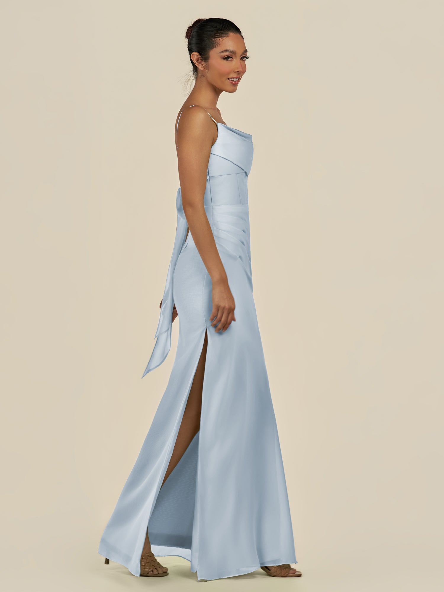 KissDress-Lumira Ice Sheath Spaghetti Straps Chiffon Ruched Long Bridesmaid Dress