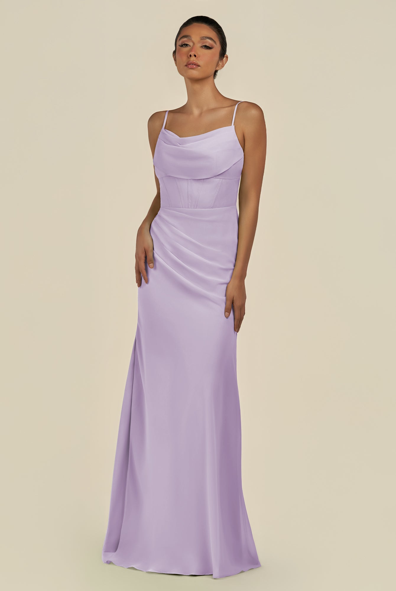 KissDress-Lumira Lavender Sheath Spaghetti Straps Chiffon Ruched Long Bridesmaid Dress