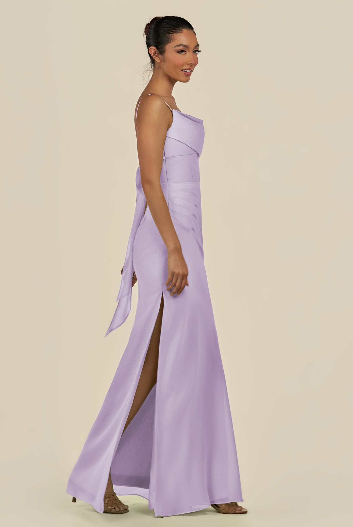 KissDress-Lumira Lavender Sheath Spaghetti Straps Chiffon Ruched Long Bridesmaid Dress