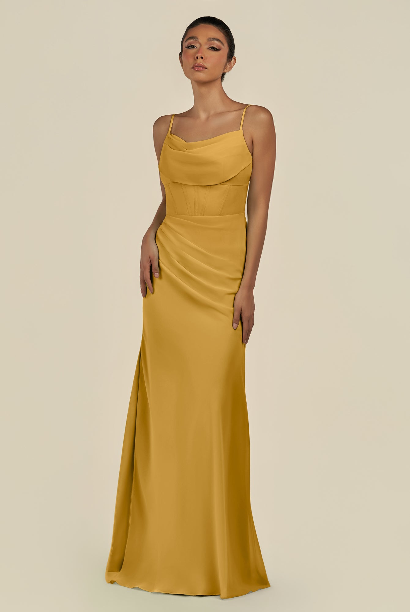 KissDress-Lumira Marigold Sheath Spaghetti Straps Chiffon Ruched Long Bridesmaid Dress