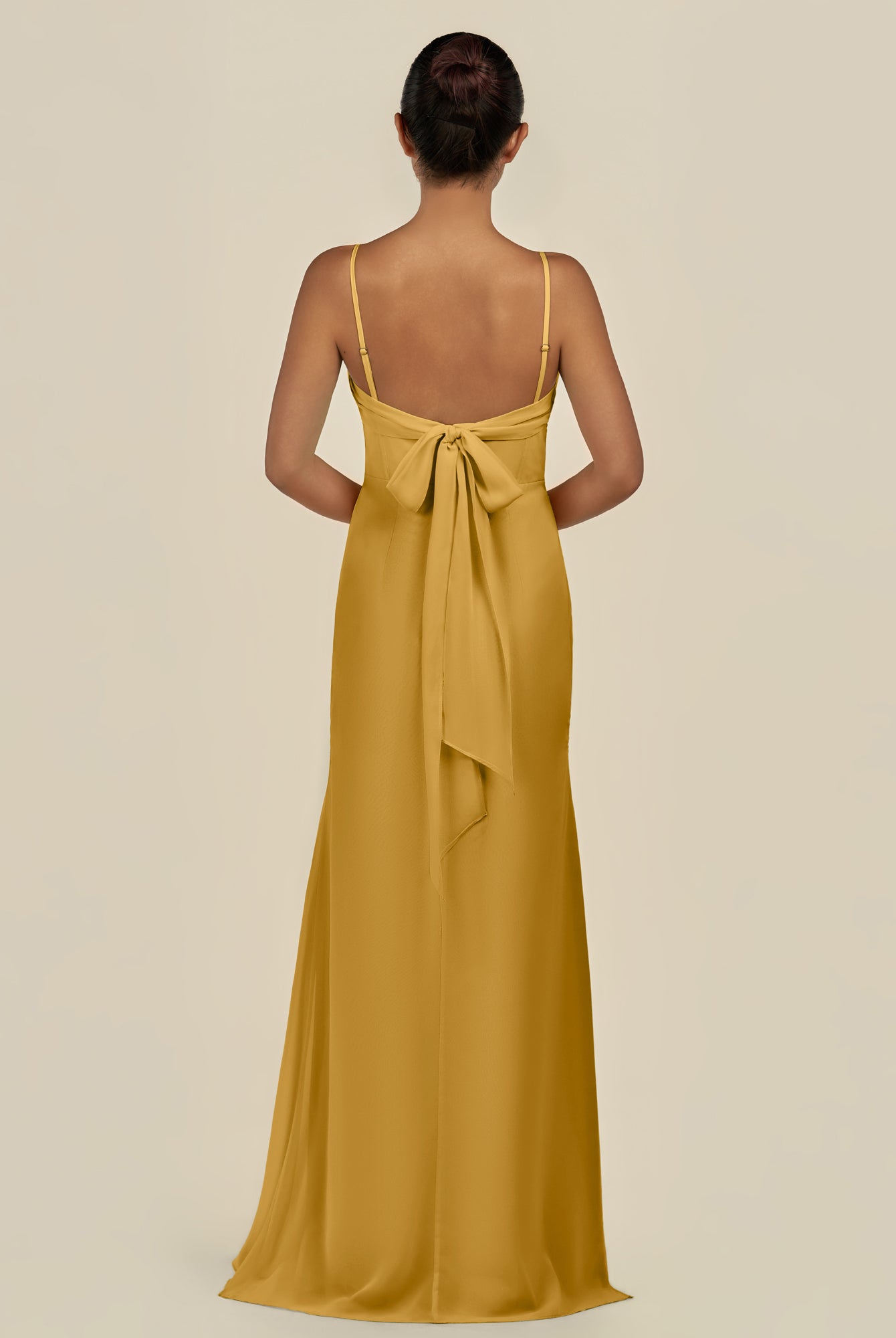 KissDress-Lumira Marigold Sheath Spaghetti Straps Chiffon Ruched Long Bridesmaid Dress