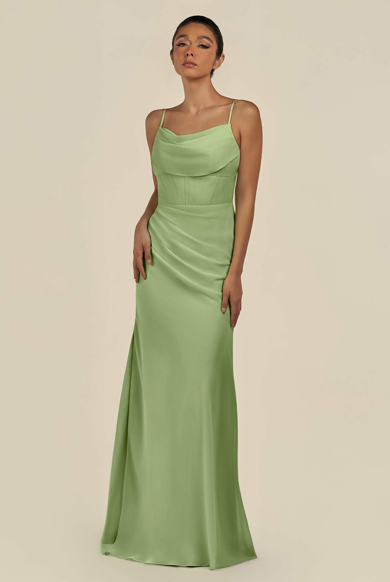 KissDress-Lumira Matcha Sheath Spaghetti Straps Chiffon Ruched Long Bridesmaid Dress