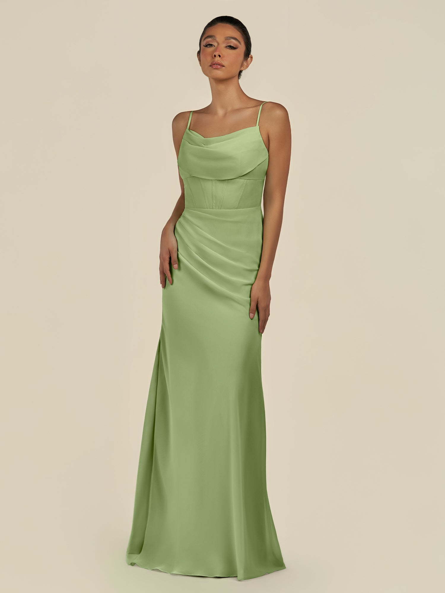 KissDress-Lumira Matcha Sheath Spaghetti Straps Chiffon Ruched Long Bridesmaid Dress