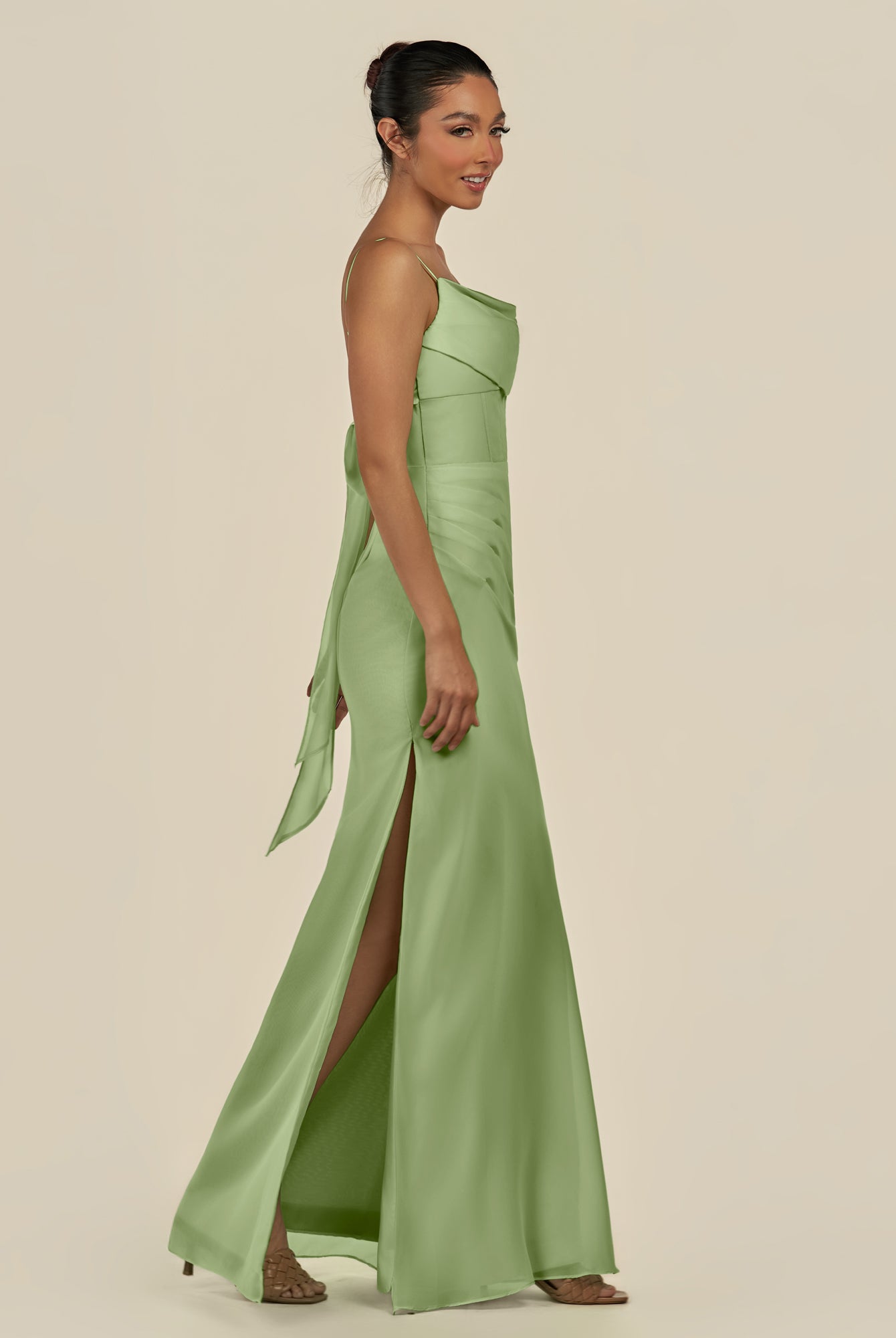 KissDress-Lumira Matcha Sheath Spaghetti Straps Chiffon Ruched Long Bridesmaid Dress