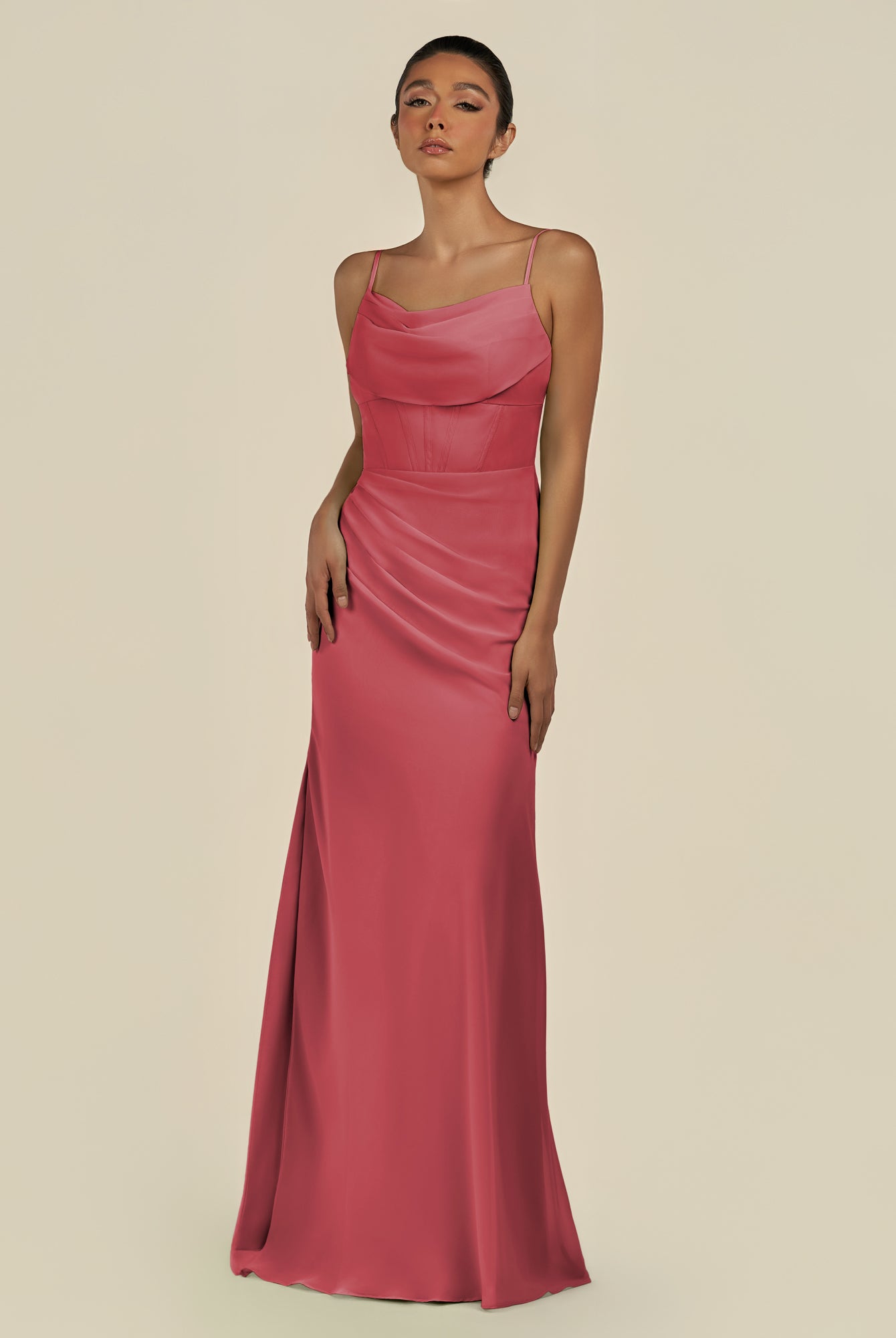 KissDress-Lumira Merlot Sheath Spaghetti Straps Chiffon Ruched Long Bridesmaid Dress