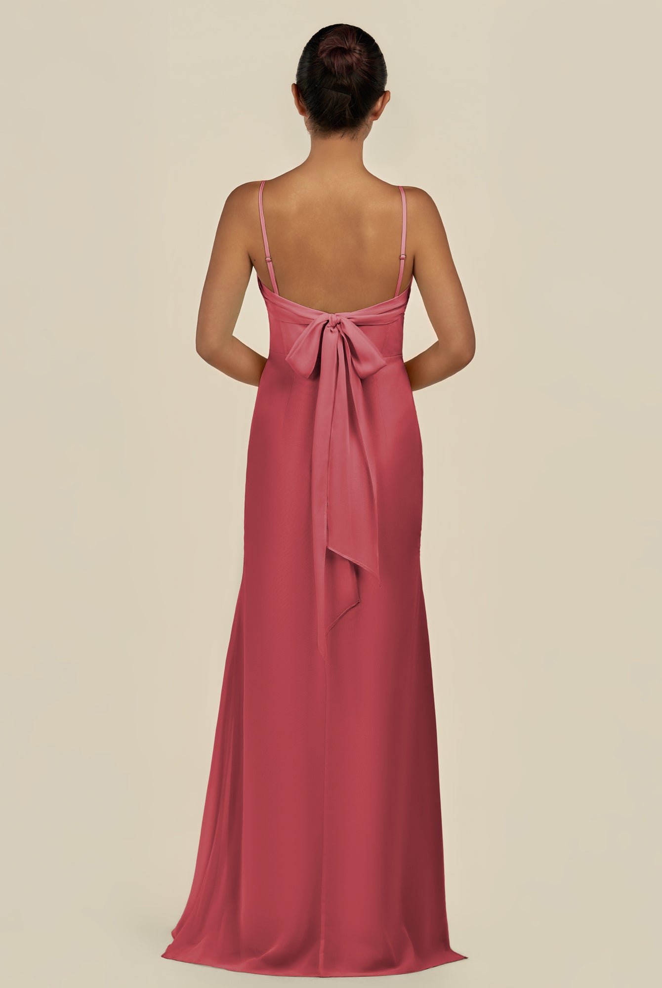 KissDress-Lumira Merlot Sheath Spaghetti Straps Chiffon Ruched Long Bridesmaid Dress
