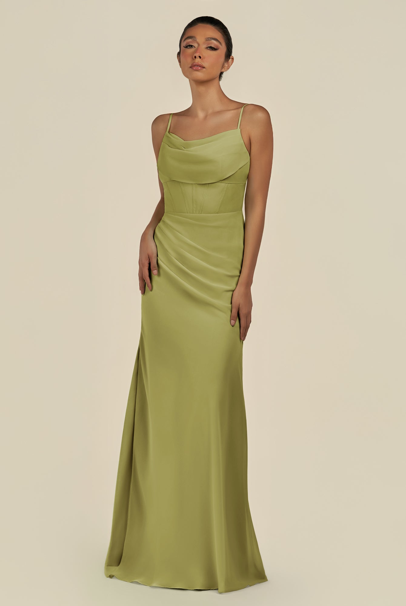 KissDress-Lumira Moss Green Sheath Spaghetti Straps Chiffon Ruched Long Bridesmaid Dress