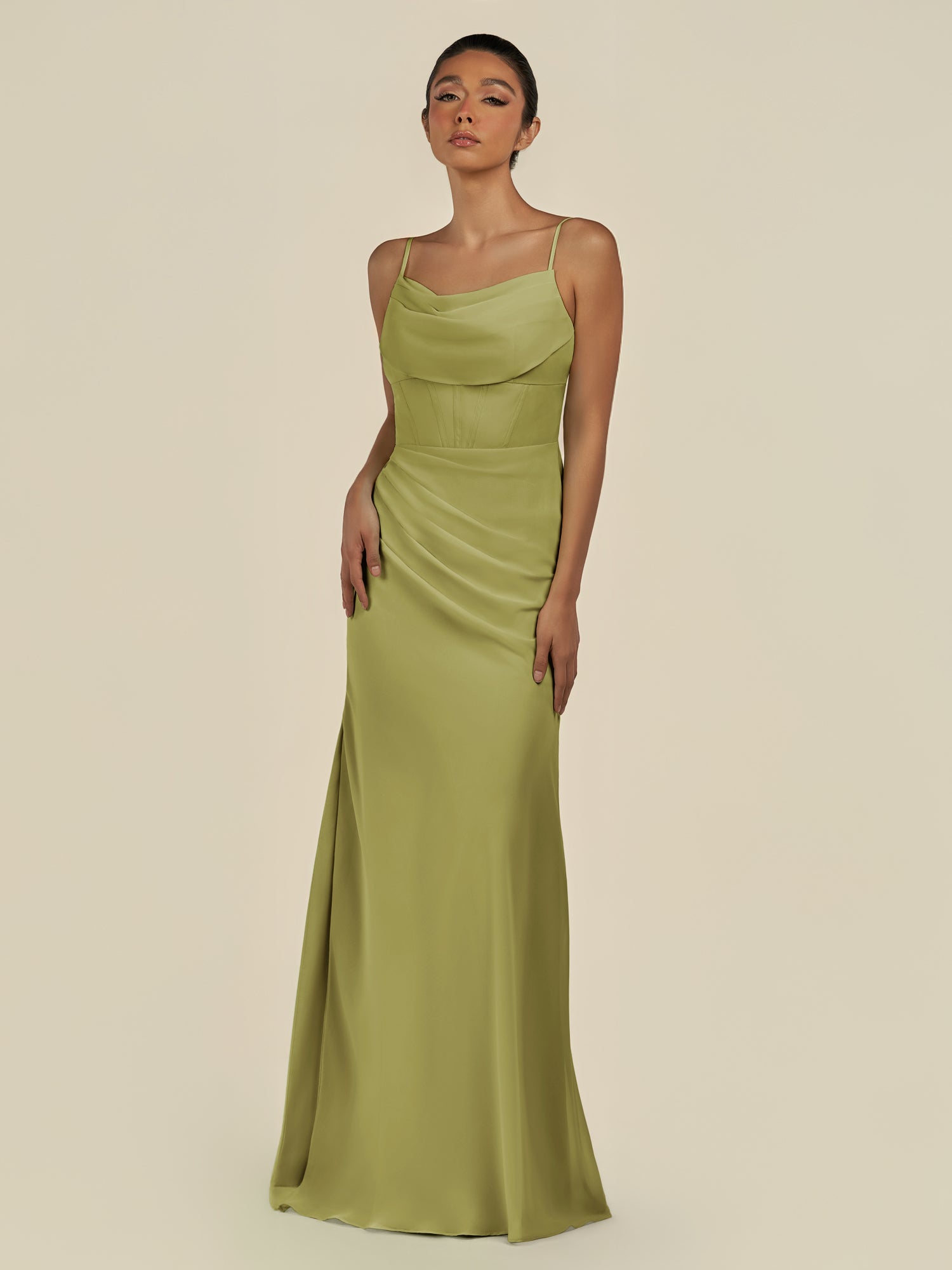 KissDress-Lumira Moss Green Sheath Spaghetti Straps Chiffon Ruched Long Bridesmaid Dress