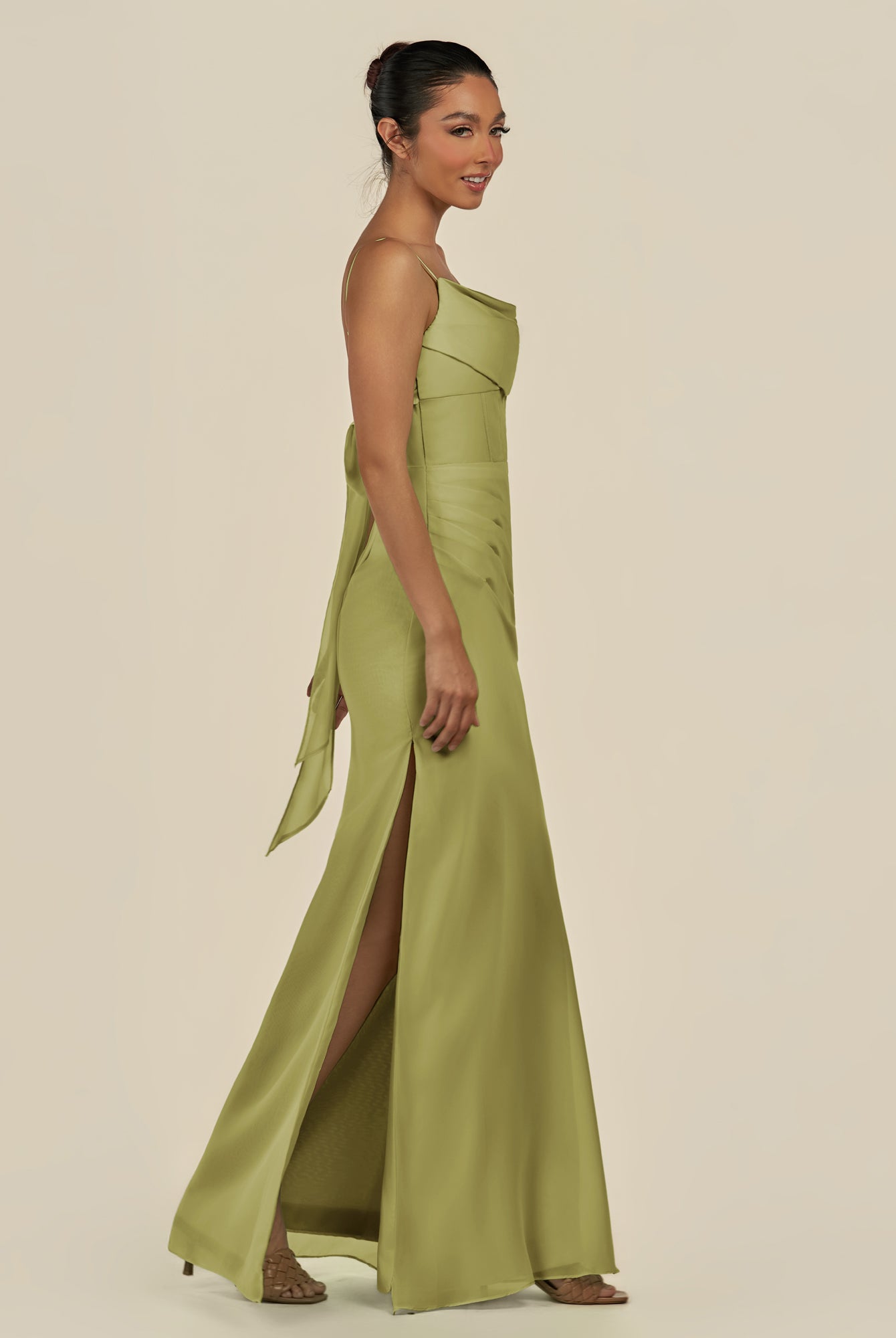 KissDress-Lumira Moss Green Sheath Spaghetti Straps Chiffon Ruched Long Bridesmaid Dress