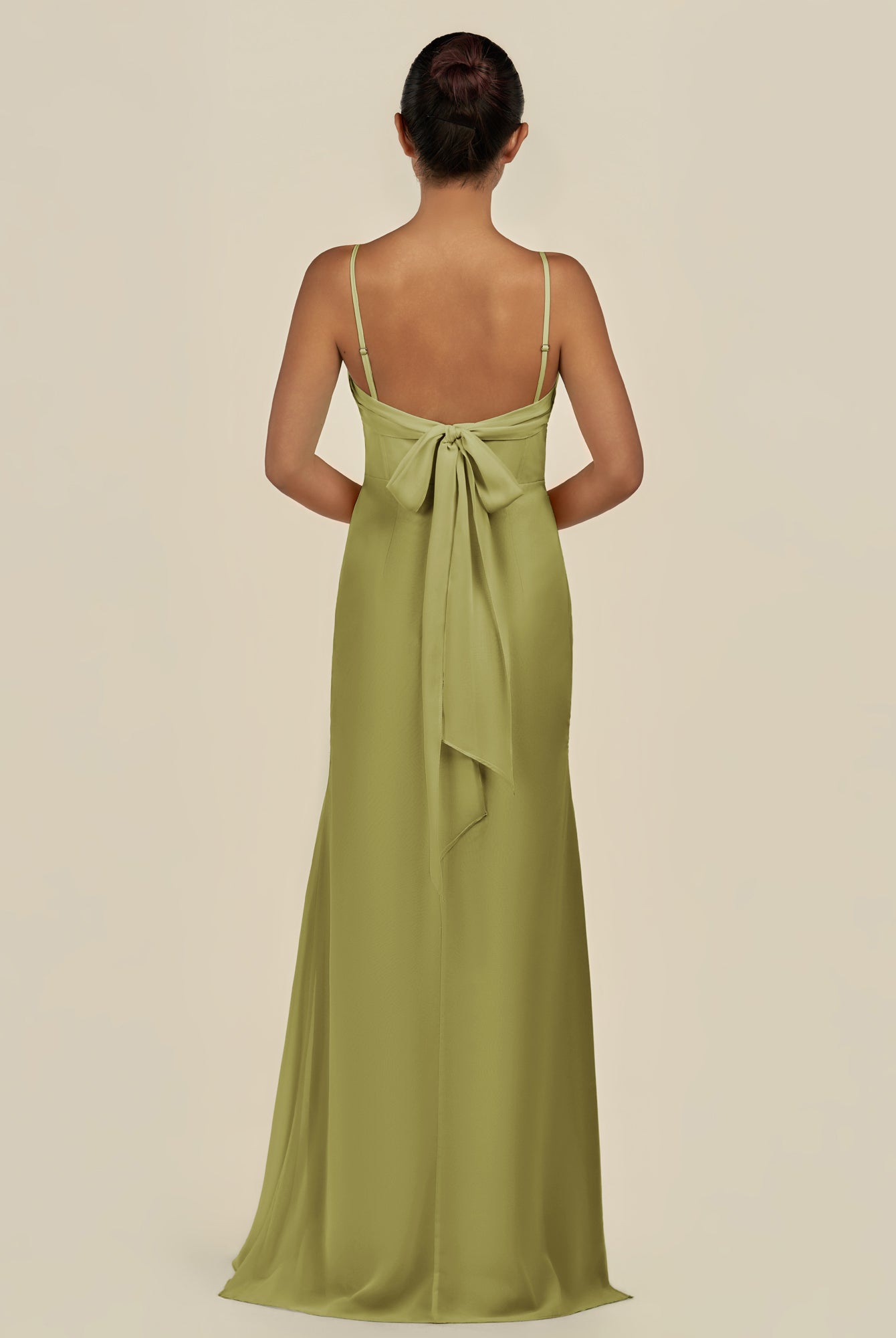 KissDress-Lumira Moss Green Sheath Spaghetti Straps Chiffon Ruched Long Bridesmaid Dress