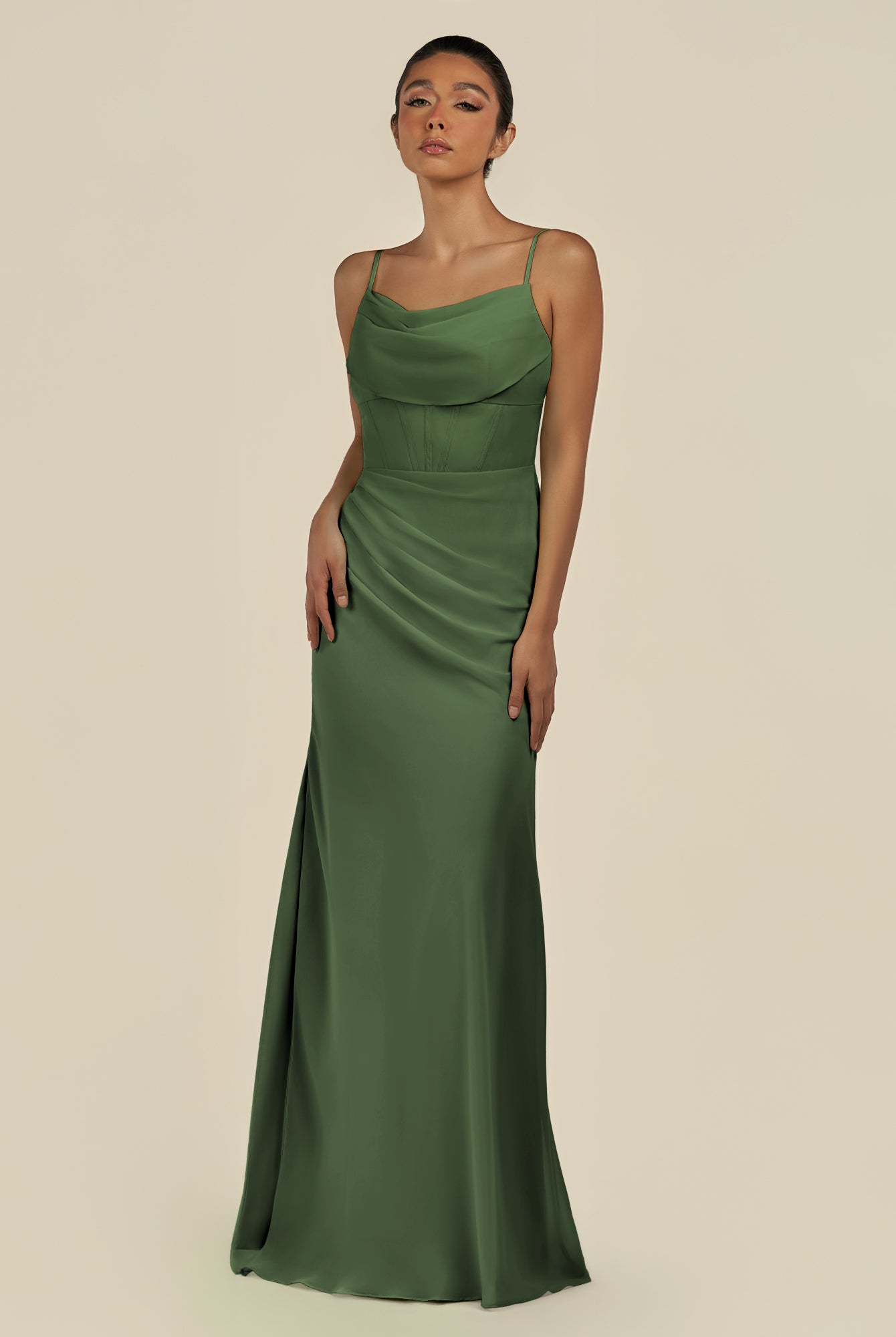KissDress-Lumira Moss Sheath Spaghetti Straps Chiffon Ruched Long Bridesmaid Dress