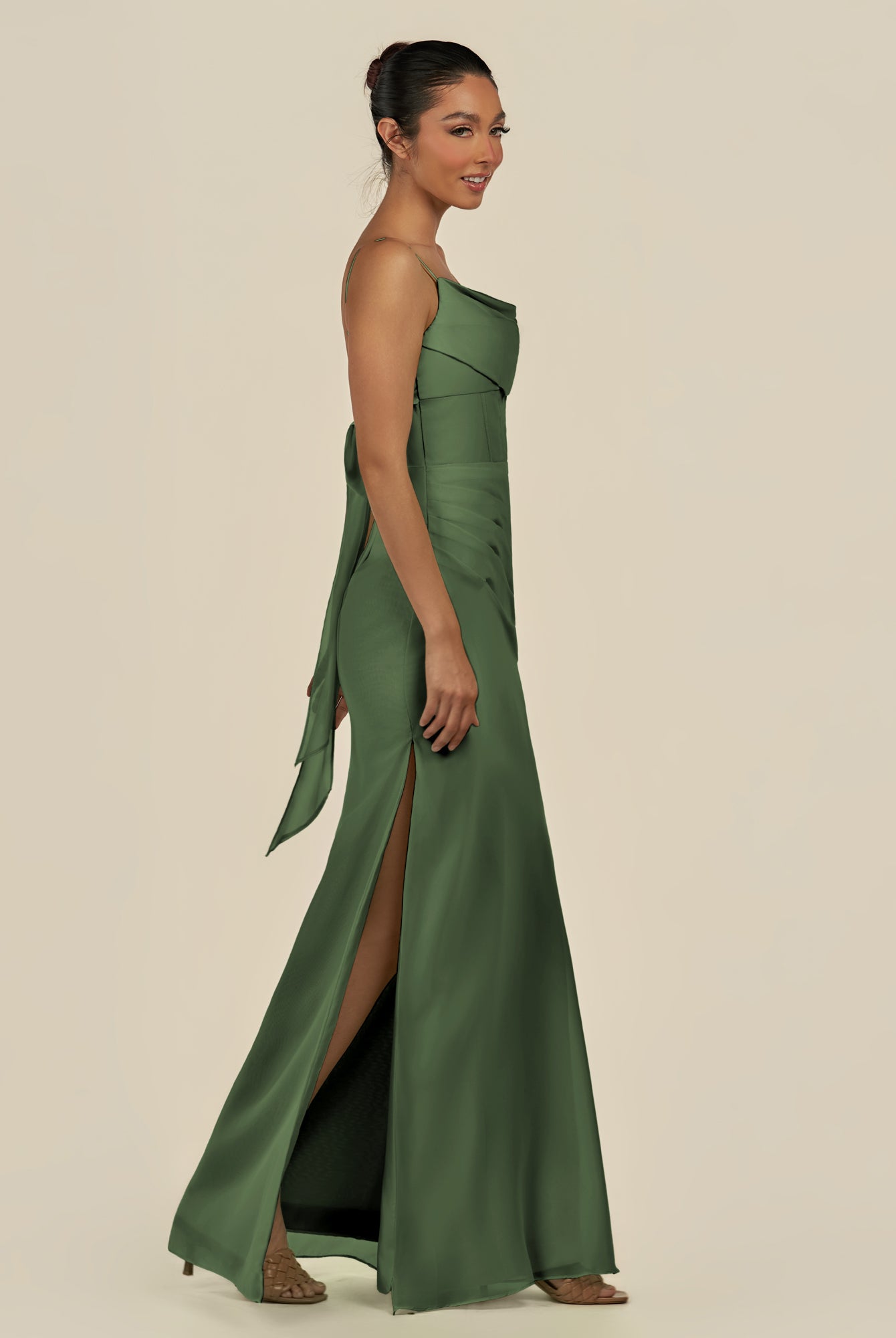 KissDress-Lumira Moss Sheath Spaghetti Straps Chiffon Ruched Long Bridesmaid Dress