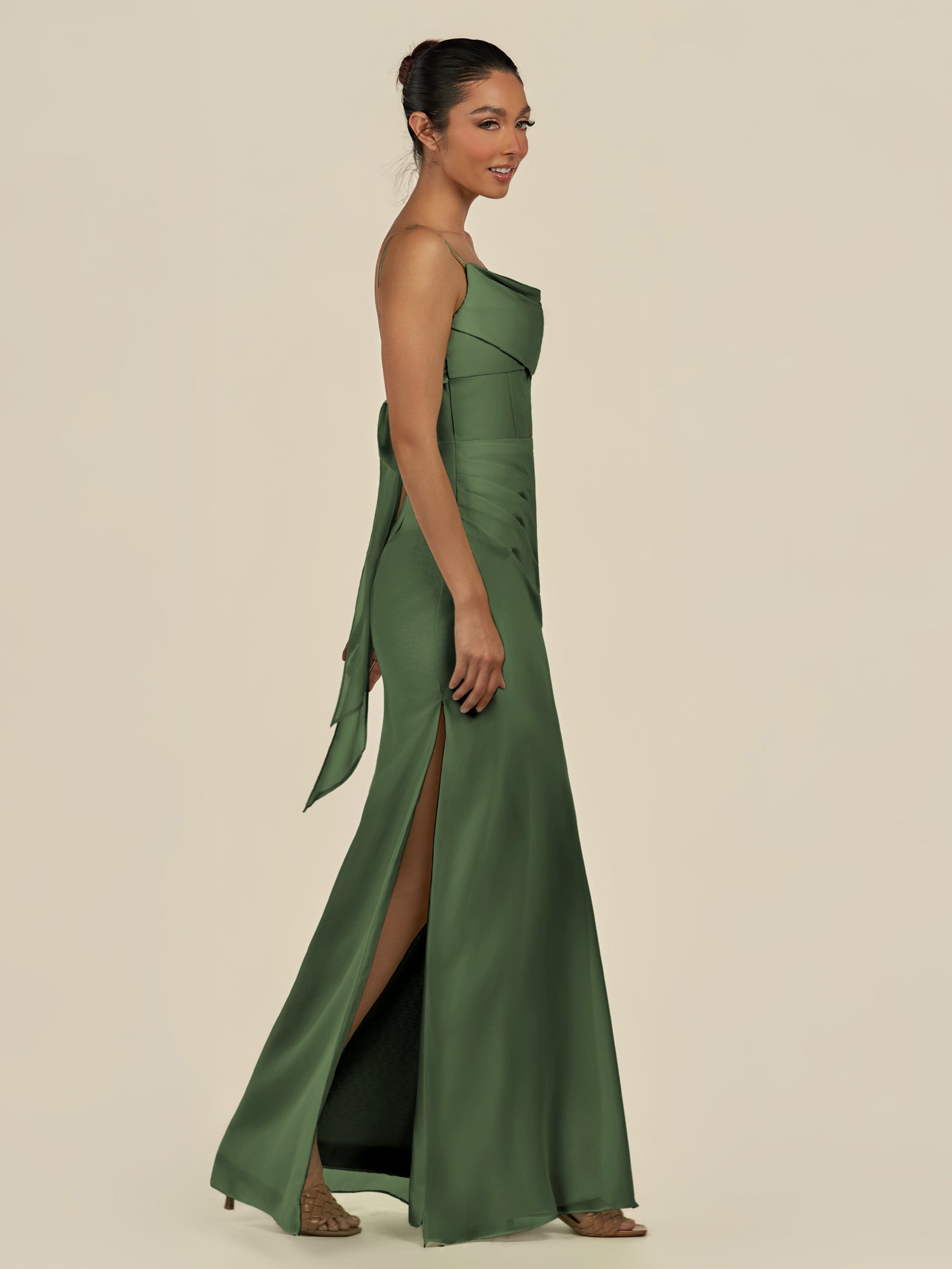 KissDress-Lumira Moss Sheath Spaghetti Straps Chiffon Ruched Long Bridesmaid Dress