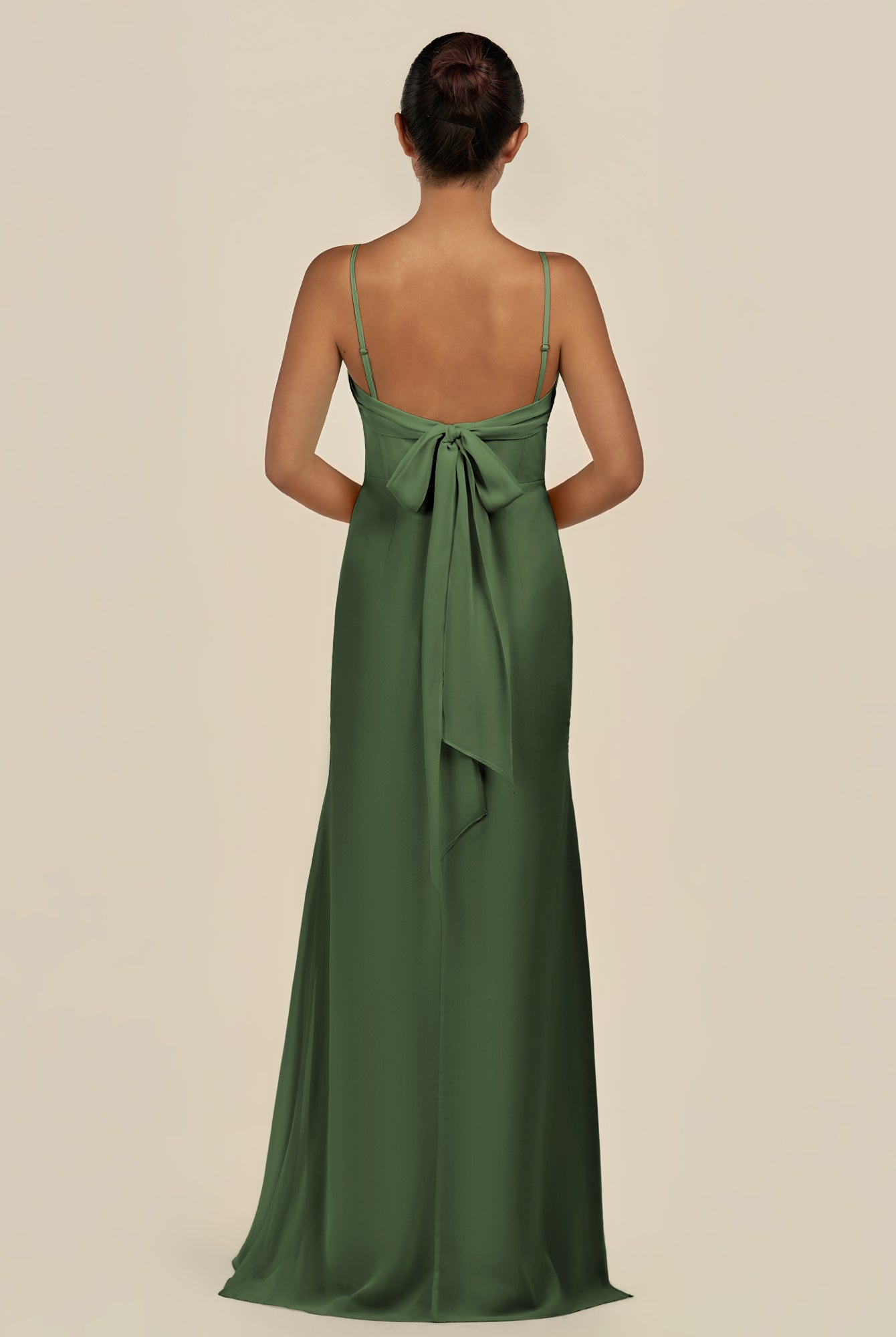 KissDress-Lumira Moss Sheath Spaghetti Straps Chiffon Ruched Long Bridesmaid Dress