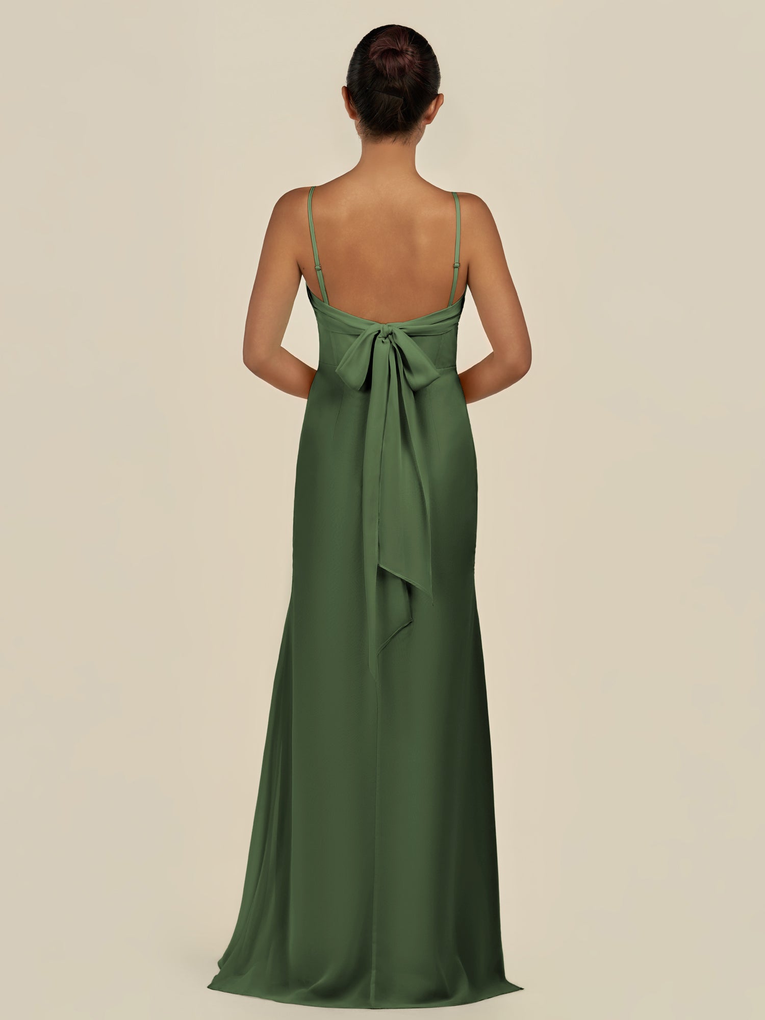 KissDress-Lumira Moss Sheath Spaghetti Straps Chiffon Ruched Long Bridesmaid Dress